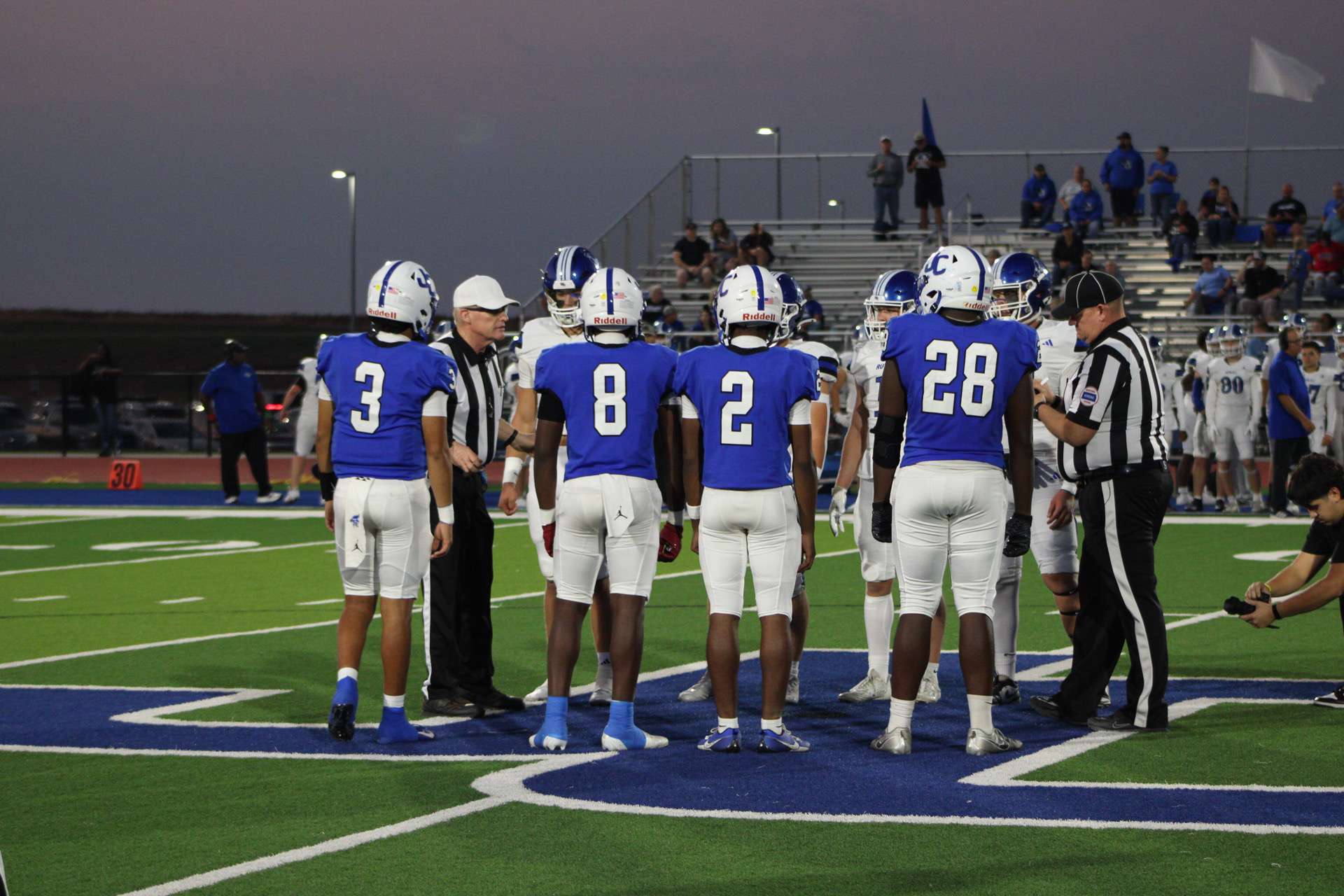 Blue Jay Captains for the Homecoming game. #3 Conrad Gomez, #8 Khaliel Walker, #2 Lovell Autry, and #28 Trevon Briley.
