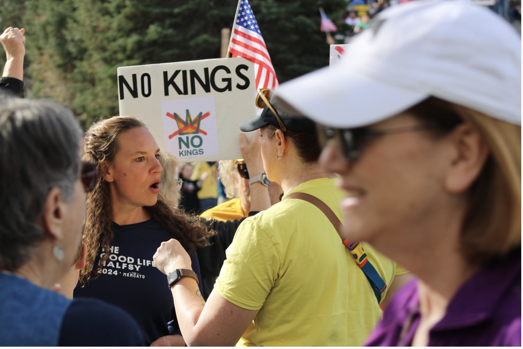 State Sen. Danielle Conrad of Lincoln at the No Kings protest at the Nebraska Capitol on Oct. 18, 2025. (Juan Salinas II/Nebraska Examiner)