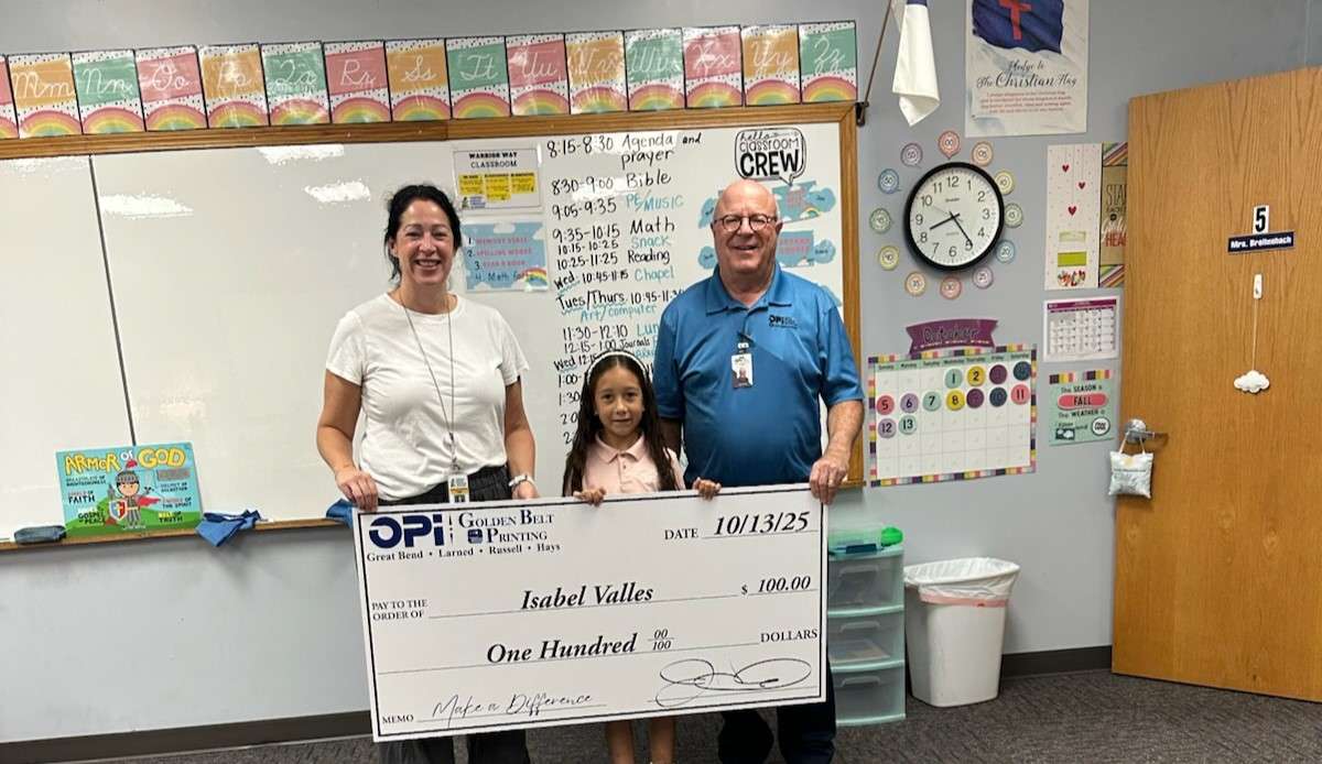 Central Kansas Christian Academy third grader Isabel Valles is the latest Make a Difference winner. Tom from OPI presented Isabel with a giant $100 check last week. Isabel and her teacher, Mrs. Breitenbach, are now eligible for more prizes in the monthly drawing.