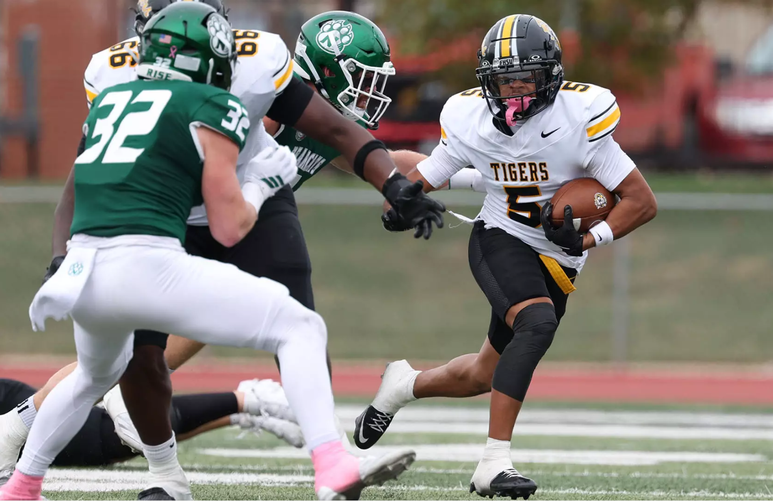 Fort Hays State receiver Keyshawn Dooley (5) runs the ball after making a catch against Northwest Missouri State on Saturday, October 18, 2025 in Maryville, Mo. (FHSU Athletics photo/Aaron Hare, NMSU Athletics)