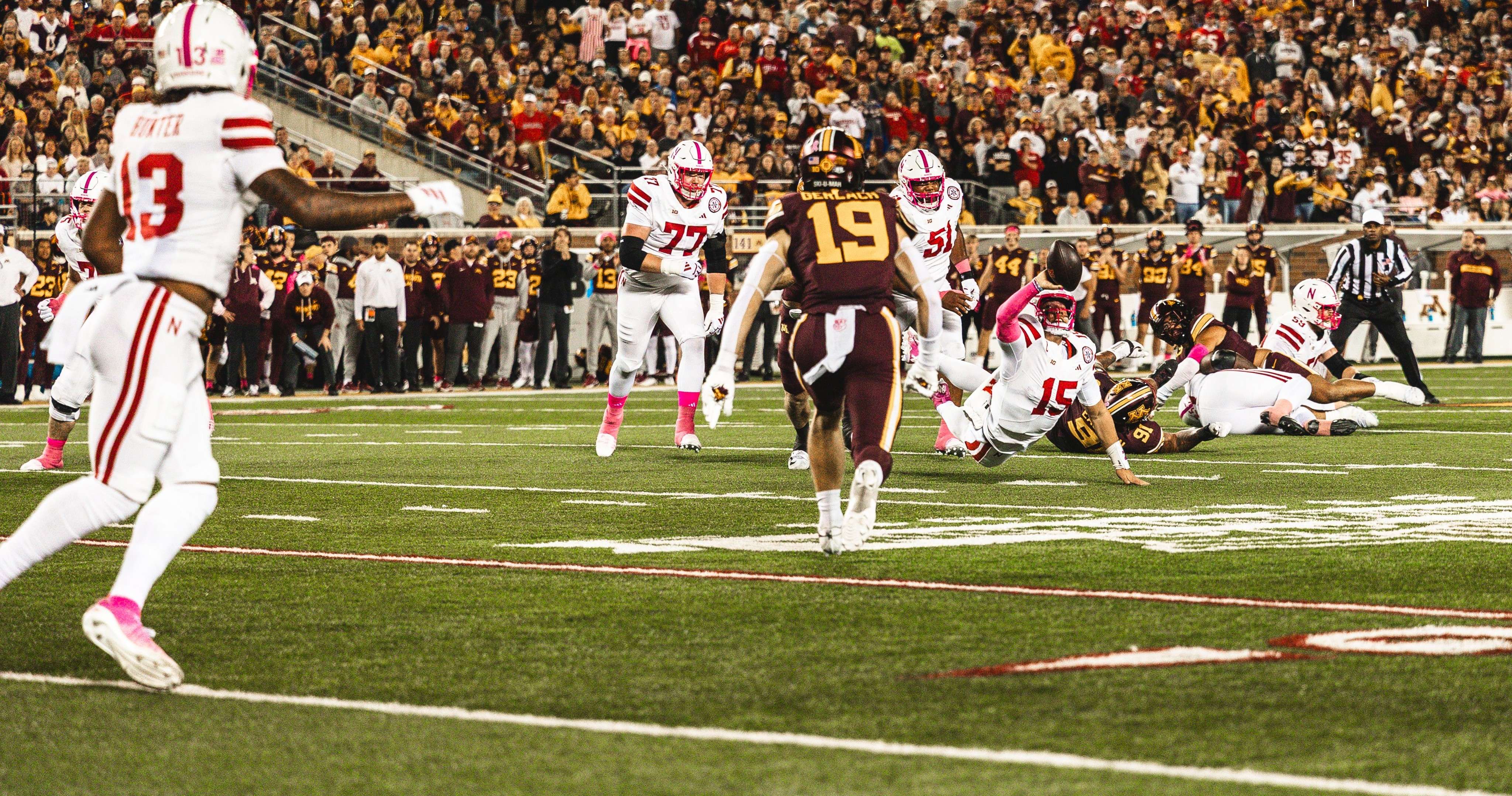 Dylan Raiola made some nifty plays, including a shovel pass while falling down, but Nebraska could not overcome nine sacks by Minnesota in a 24-6 loss on Friday/ Photo courtesy of Nebraska Football on X
