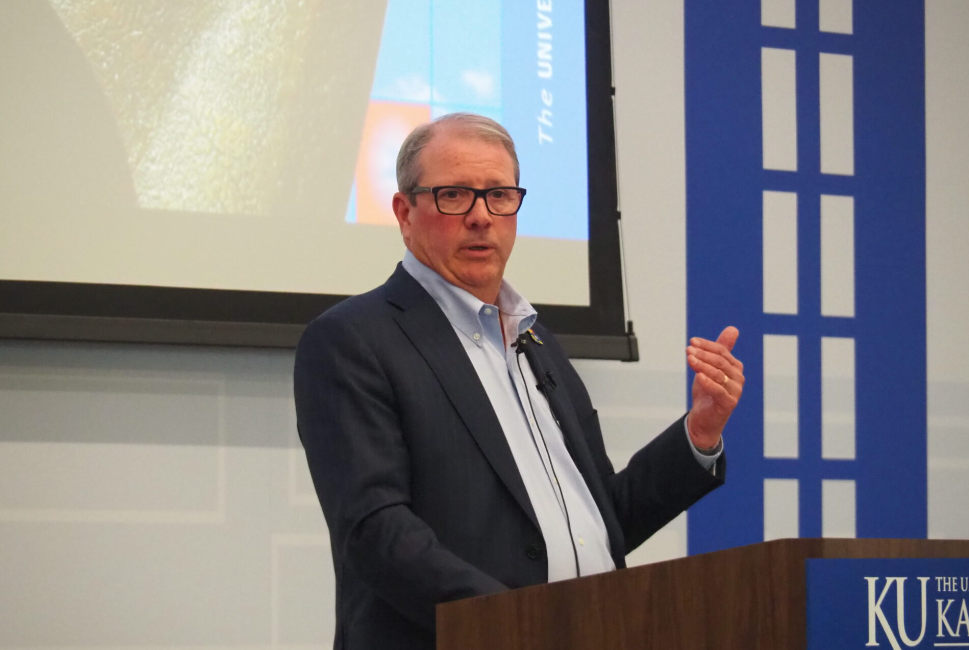 University of Kansas chancellor Doug Girod explores KU’s achievements in student recruiting, faculty research and endowment fundraising on Oct. 17, 2025, in a campus speech. Girod, chancellor since 2017, pointed to a series of threats confronting U.S. higher education. (Photo by Tim Carpenter/Kansas Reflector)