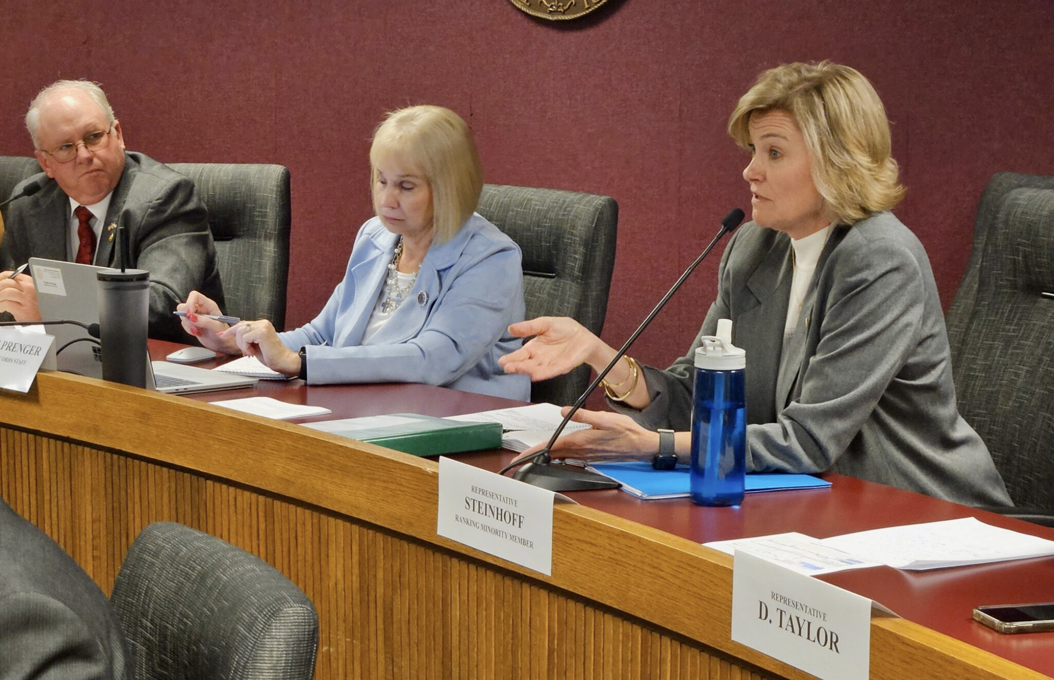 State Rep. Kathy Steinhoff of Columbia, right, speaks during the Monday meeting of the Missouri House Special Interim Committee on Property Tax Reform. while the chairman, state Rep. Tim Taylor of Bunceton, far left, looks on (Rudi Keller/Missouri Independent).