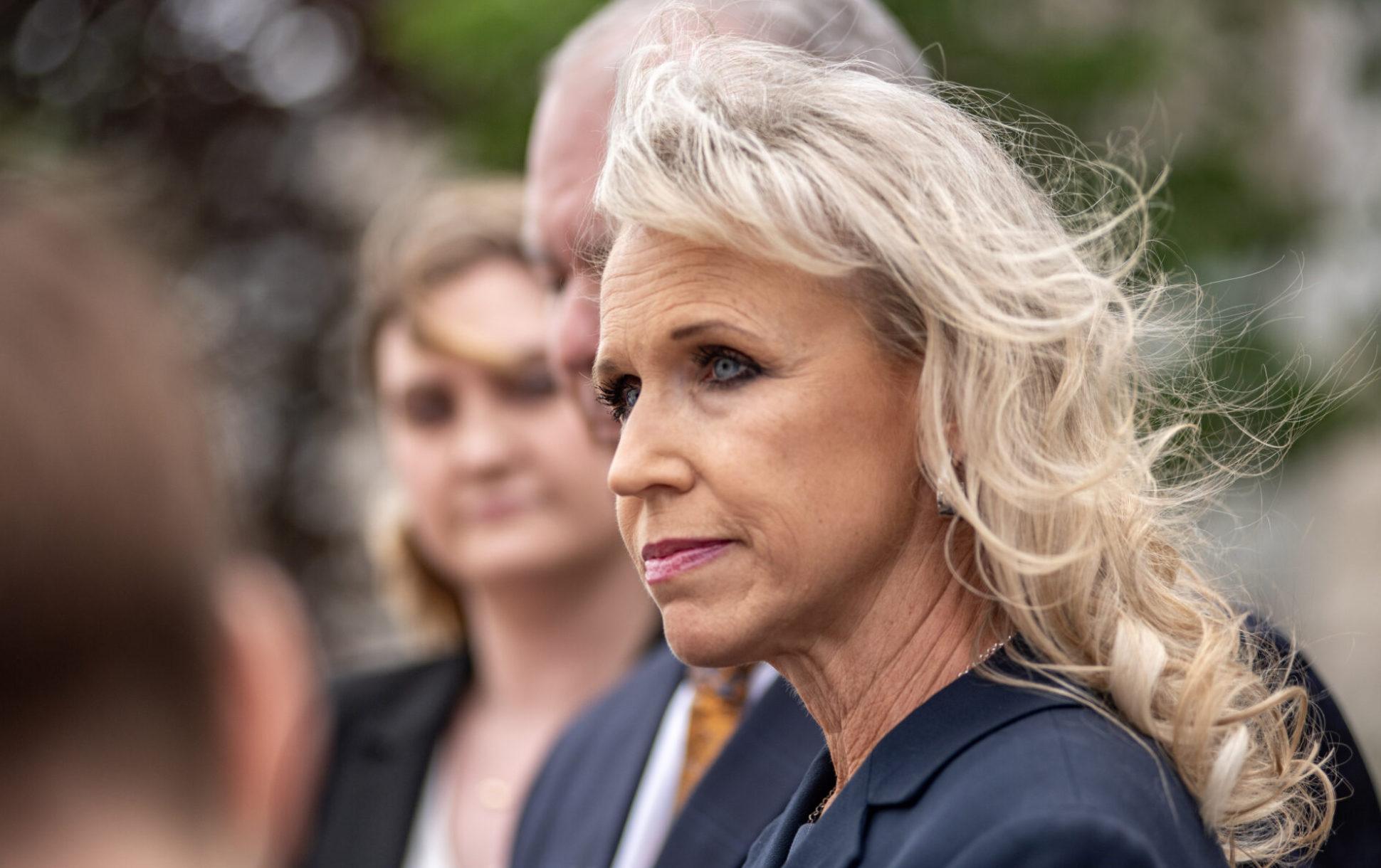 Dana Rademan Miller, former chief clerk of the Missouri House of Representatives, tells reporters about alleged mistreatment from House speakers after filing a lawsuit in Cole County in May 2024 (Annelise Hanshaw/Missouri Independent).