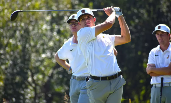 Fort Hays State's Cooper Scheck hits a shot off the tee at the the MSSU Fall Invitational on Tuesday, October 22, 2025 at Monkey Island, Okla. (FHSU Athletics photo/Seth Kincaid)