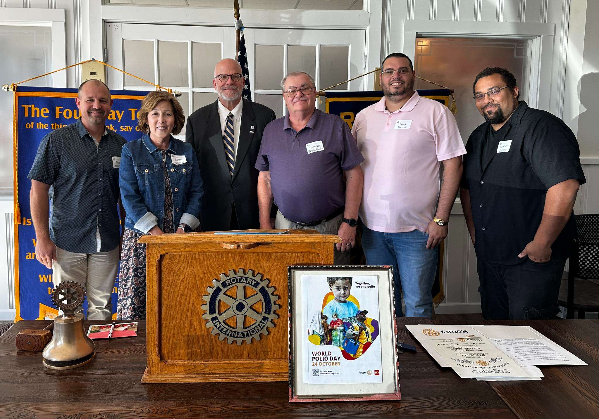 (Photo left to right) - Mark Hatcher, Beth Hudson, Sam Steiner (Rotary Club President), Tom Wesoloski, Zeek Torres, and Kristian James. 