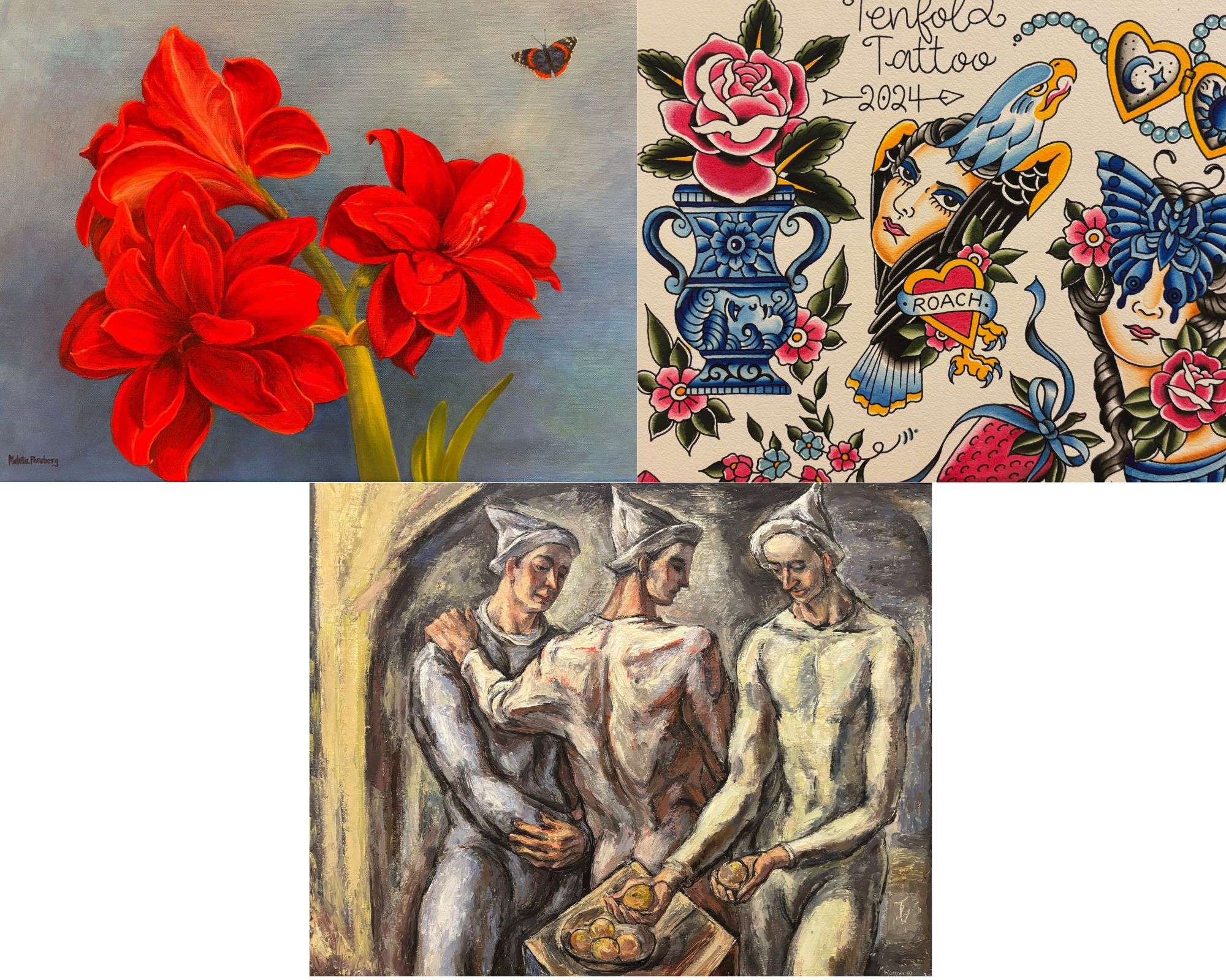 Amaryllis and the Admiral by Maleta Forsberg (top left). Tattoo designs by S. Roach of Tenfold Tattoo (top right). The Three Joeys by Lester Raymer (bottom). Courtesy of Birger Sandzén Memorial Gallery 