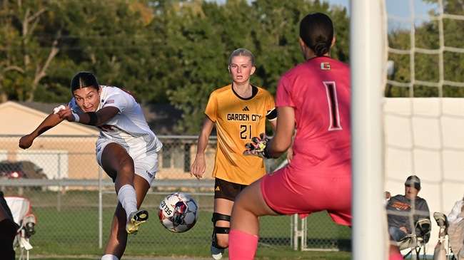 Blue Dragon freshman Isabela Puccinelli records the 100th all-time hat trick in team history in No. 19 Hutchinson's 5-0 KJCCC victory over Garden City on Saturday at the Salthawk Soccer Complex. (Andrew Carpenter/Digital Fox Photography)