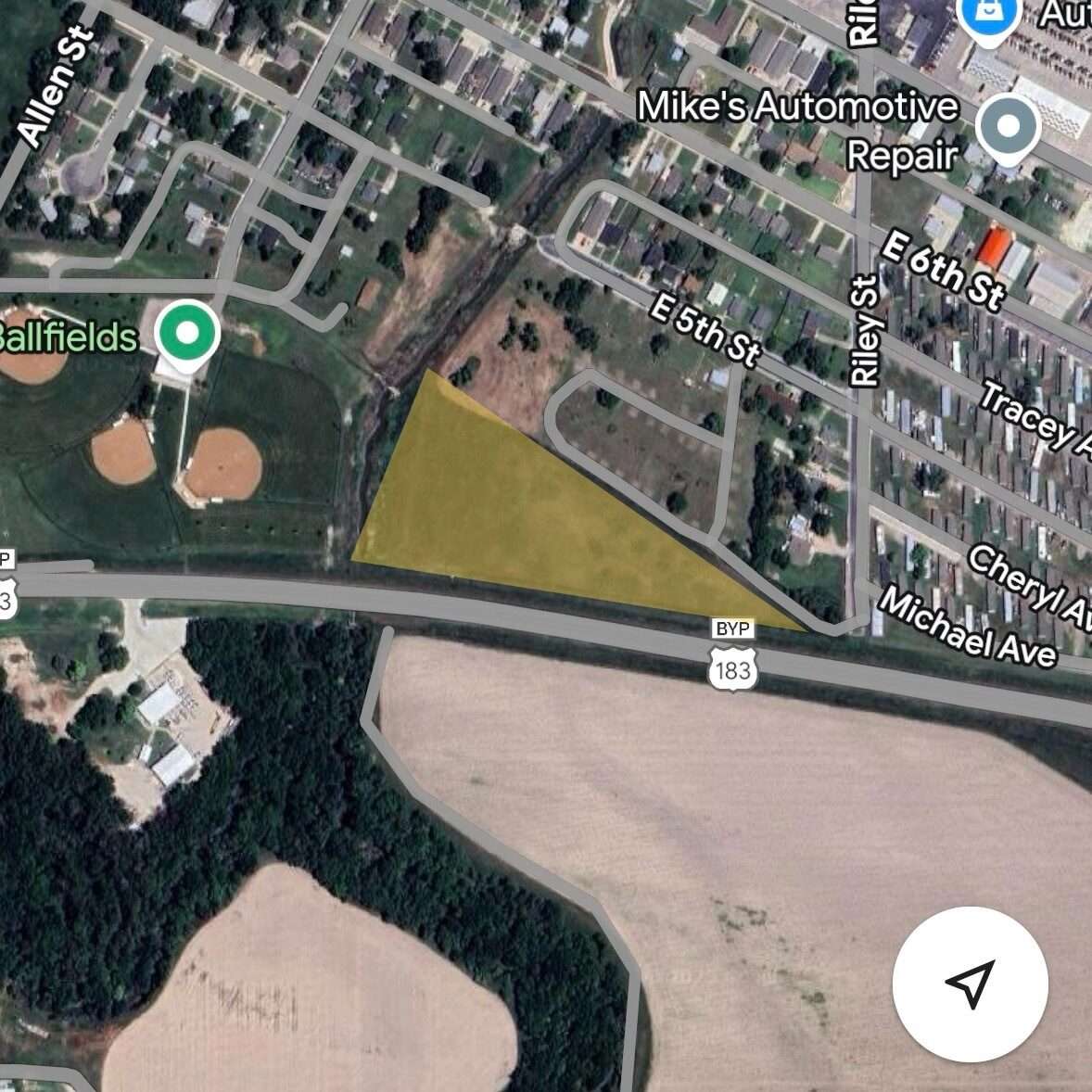 The field east of the Dusty Glassman Ballfields, marked in yellow, that can potentially be the location for the Cody Joseph Younger Memorial Paintball Park. 