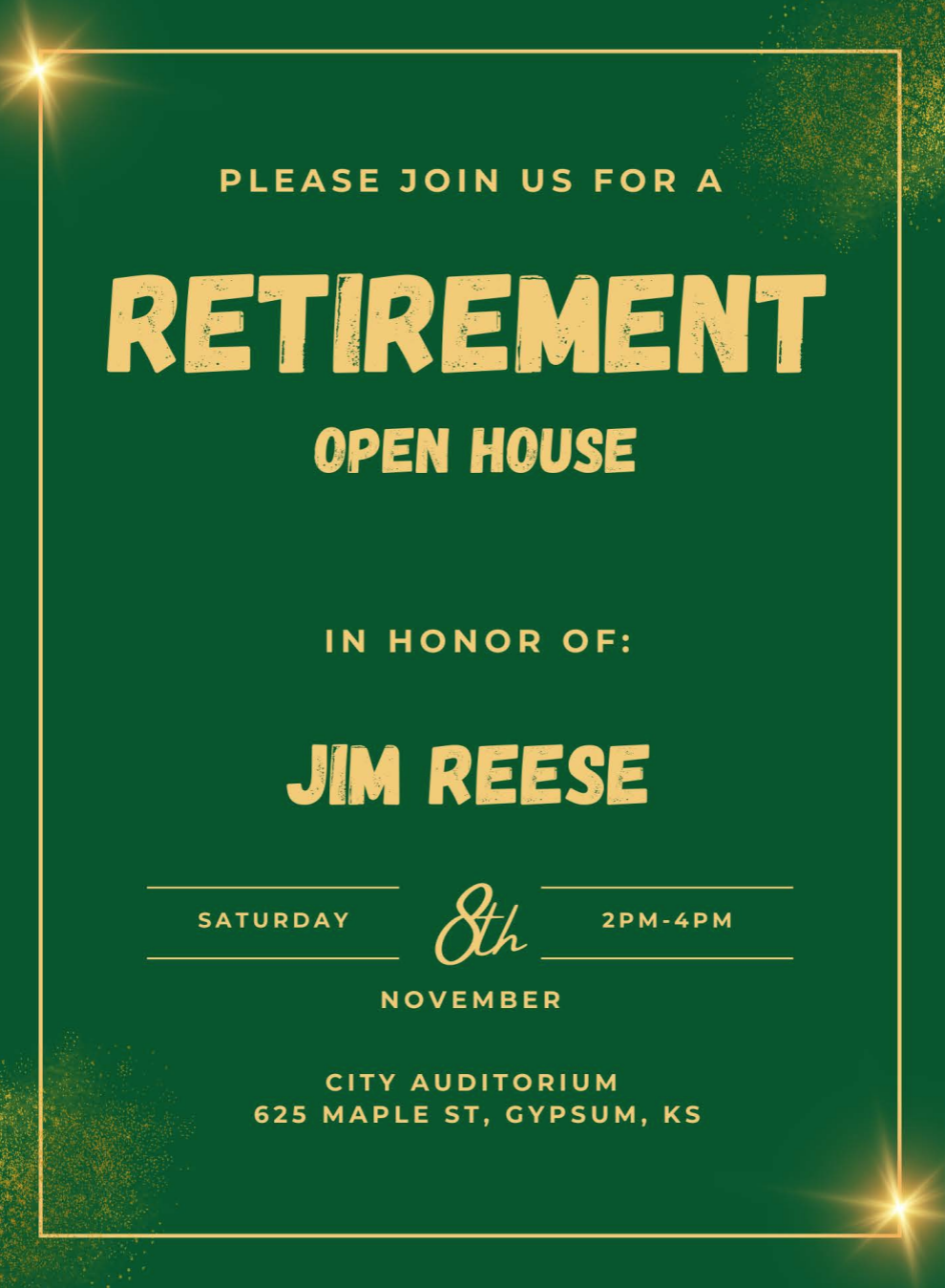 Flyer of Retirement open house in honor of Jim Reese