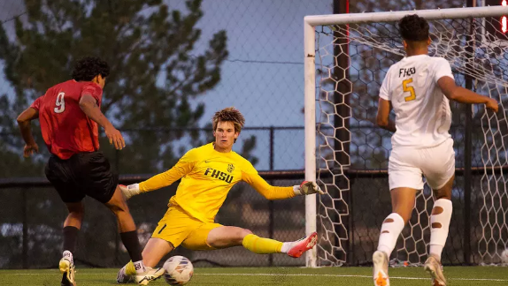 Fort Hays State freshman goalkeeper Payton Roehrich attempts to block a shot against Southern Nazarene on Thursday, October 24, 2025 at the FHSU Soccer Stadium in Hays, Kan. (FHSU Athletics photo/Jordan Bredenberg)