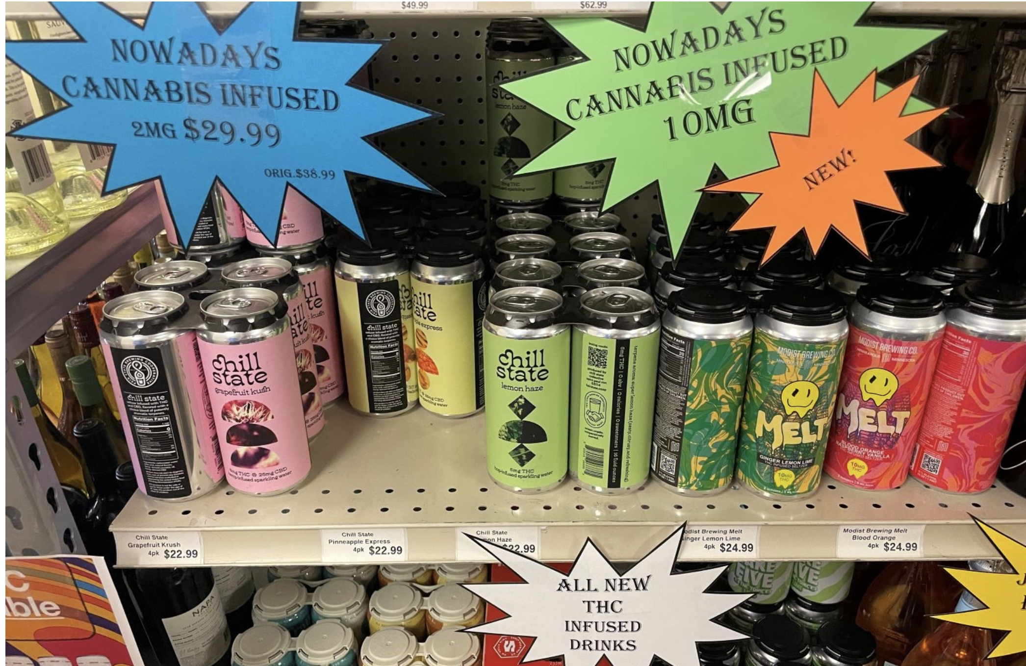  Drinks advertised as THC- and cannabis-infused on the shelves of a Rapid City, South Dakota store in July 2024. (Photo by Seth Tupper/South Dakota Searchlight)