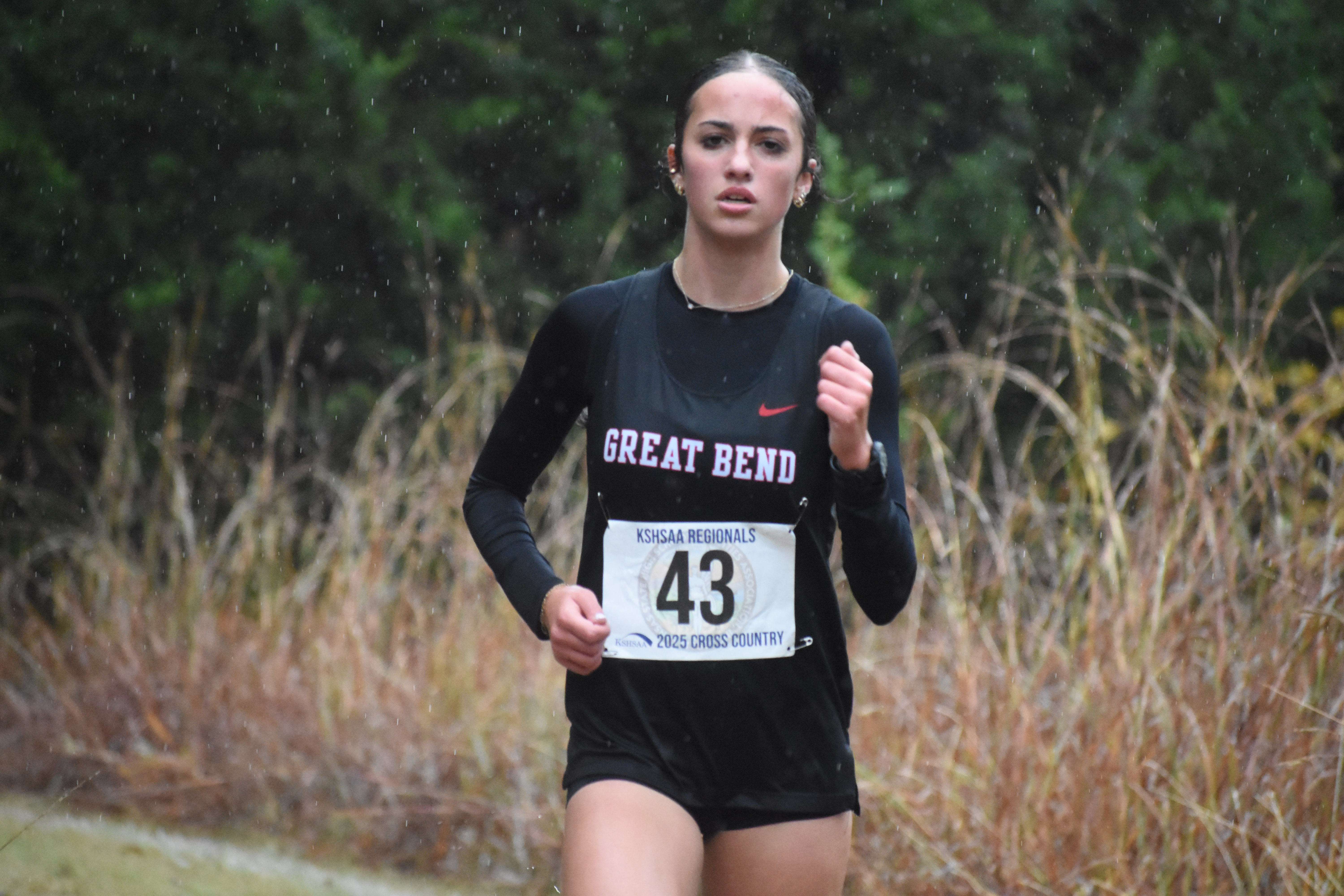 Freshman Sydney Stein finished second in her first regional race Saturday at Lake Barton. Great Bend won its fifth consecutive team title to qualify for state.