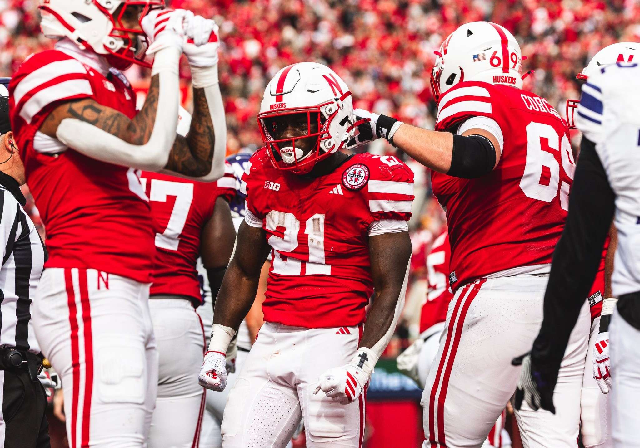Emmett Johnson rushed for 124 yards and two touchdowns, including the game winning score as Nebraska beat Northwestern 28-21 on Saturday/ Photo courtesy of Nebraska Football on X