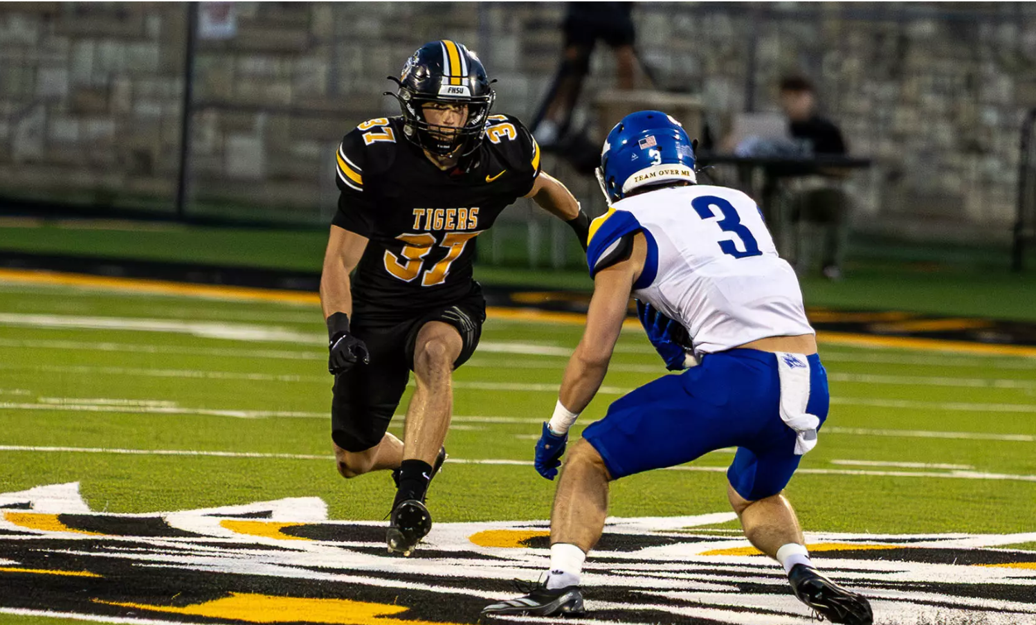 Fort Hays State safety Michael Polley takes on a Nebraska-Kearney blocker on Saturday, September 13, 2025 in Hays, Kan. (FHSU Athletics photo/Cayden Sanders)