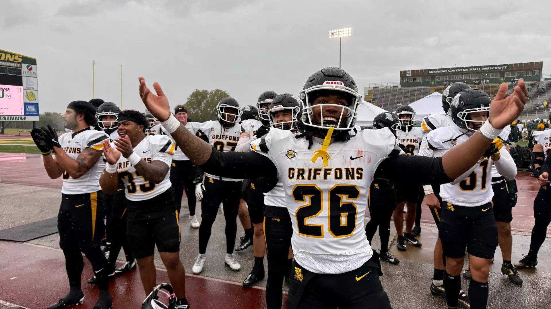 Missouri Western State University celebrated snapping a five game losing streak, beating Missouri Southern on a rainy Saturday in Joplin 19-12 for their first MIAA win of the season/ Photo courtesy of MoWest Media Relations