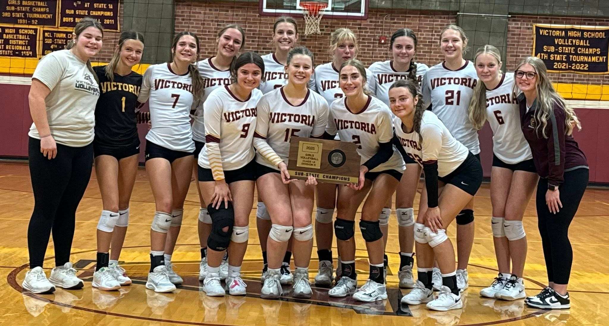 The Victoria Knights volleyball team after winning their own Class 1A Division 2 Sub-State on Saturday, October 25, 2025 in Victoria, Kan. (Courtesy photo)
