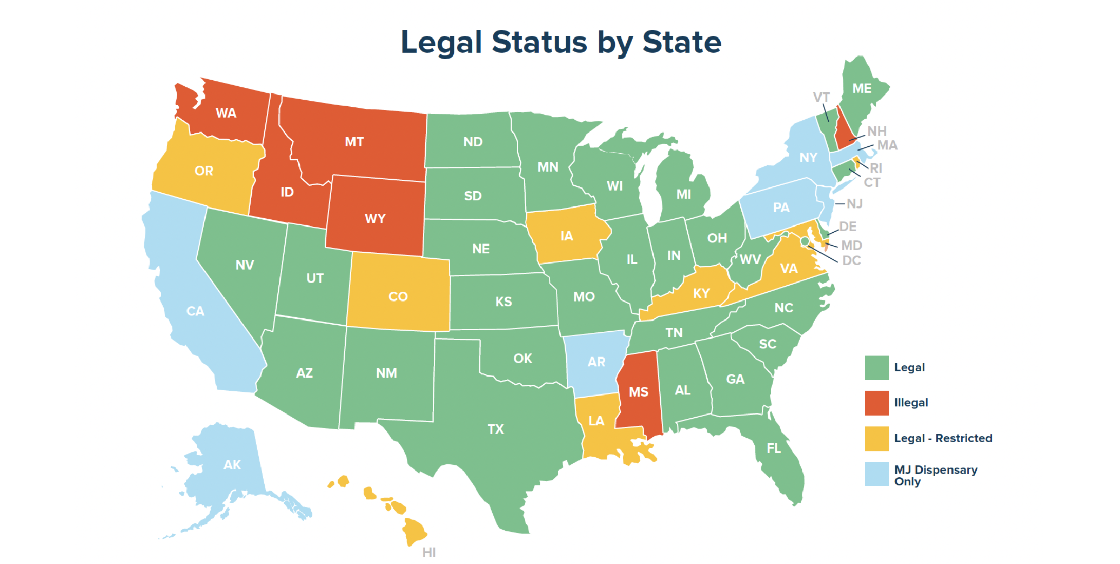 Hemp THC beverages can be sold legally in 28 states outside of the marijuana dispensary system. Nine states restrict the sale of THC beverages by limiting the amount of THC in the beverages, and seven allow them only to be sold in dispensaries. They’re illegal in six states (Screenshot of The U.S. Beverage Report by Whitney Economics).