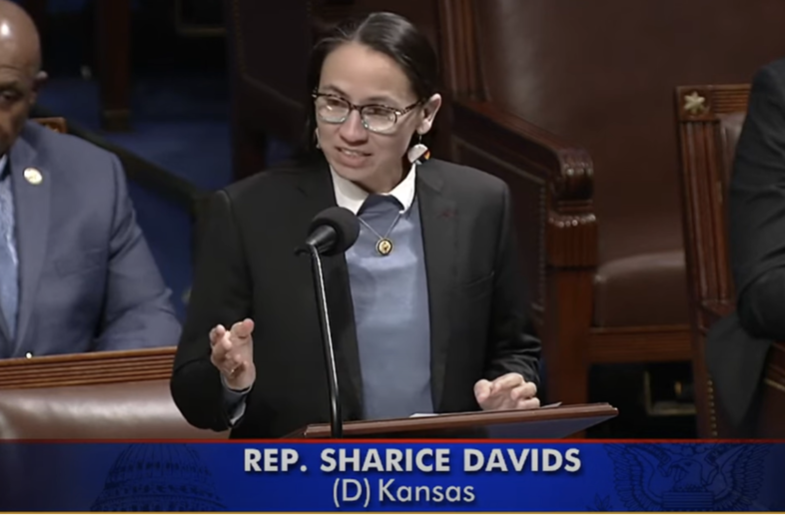 U.S. Rep. Sharice Davids, D-Kansas, said Oct. 27, 2025, that she voluntarily had her congressional paycheck withheld until resolution of the current federal government shutdown. All five Republican members of the Kansas delegation have done likewise. In this image, Davids speaks during an April 30, 2025, budget hearing in the U.S. House. (Kansas Reflector screen capture from U.S. House YouTube channel)