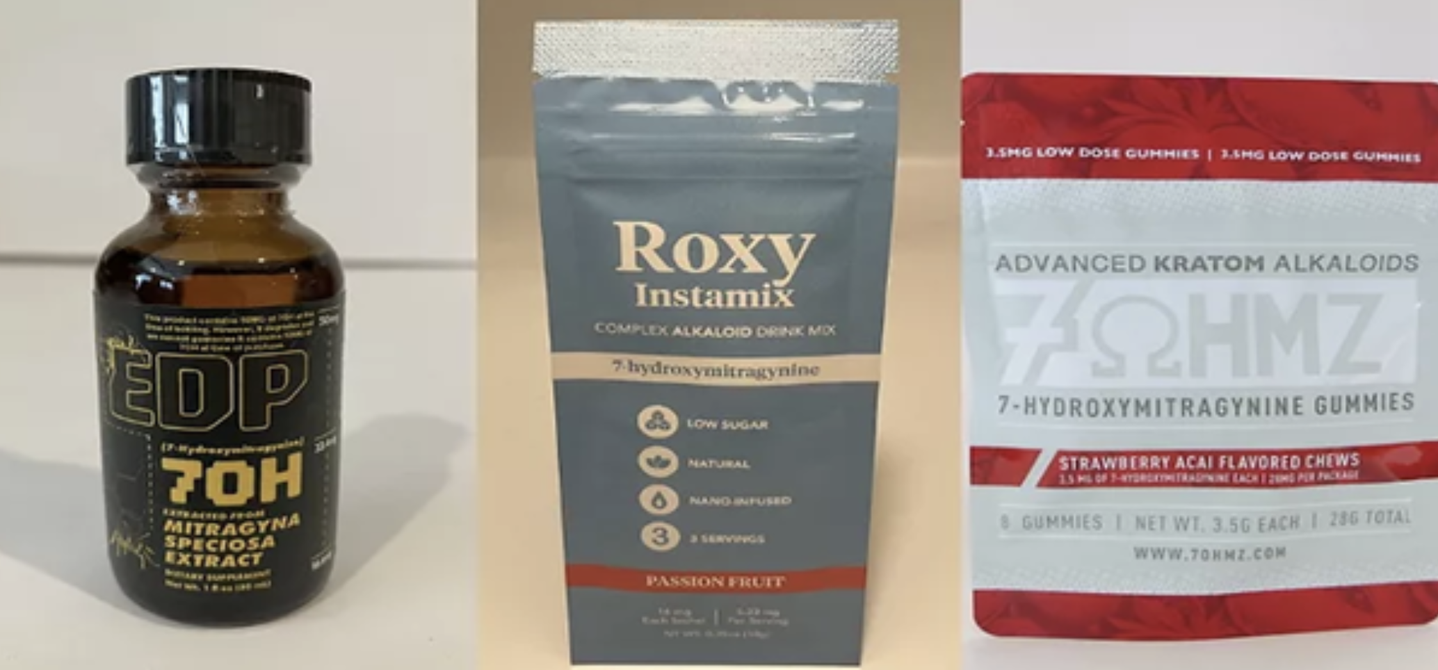 Images of 7-OH extract, powder, and gummies (left to right) posted on the U.S. Food and Drug Administration photo gallery (photo courtesy of FDA).