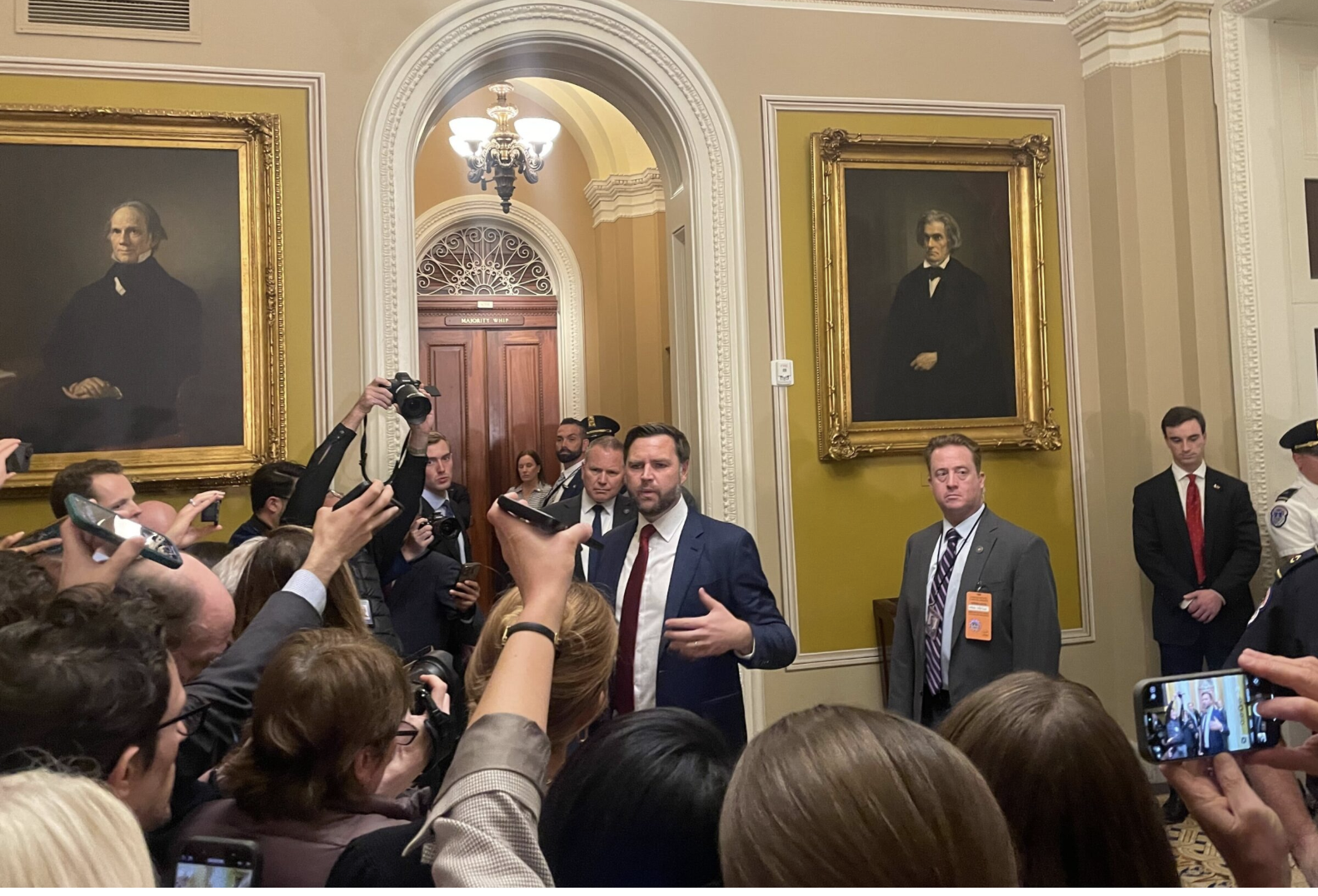 After attending a caucus lunch meeting with Senate Republicans, Vice President JD Vance briefly speaks with reporters on day 28 of the government shutdown, Oct. 28, 2025. (Photo by Ariana Figueroa/States Newsoom)