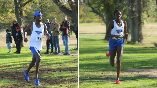 Blue Dragon freshman Mildred Rono (right) and men's teammate Cornelius Kogo (left) were named KJCCC Cross Country Runners of the Week after both won Region 6 individual and team championships on Friday in Colby.
