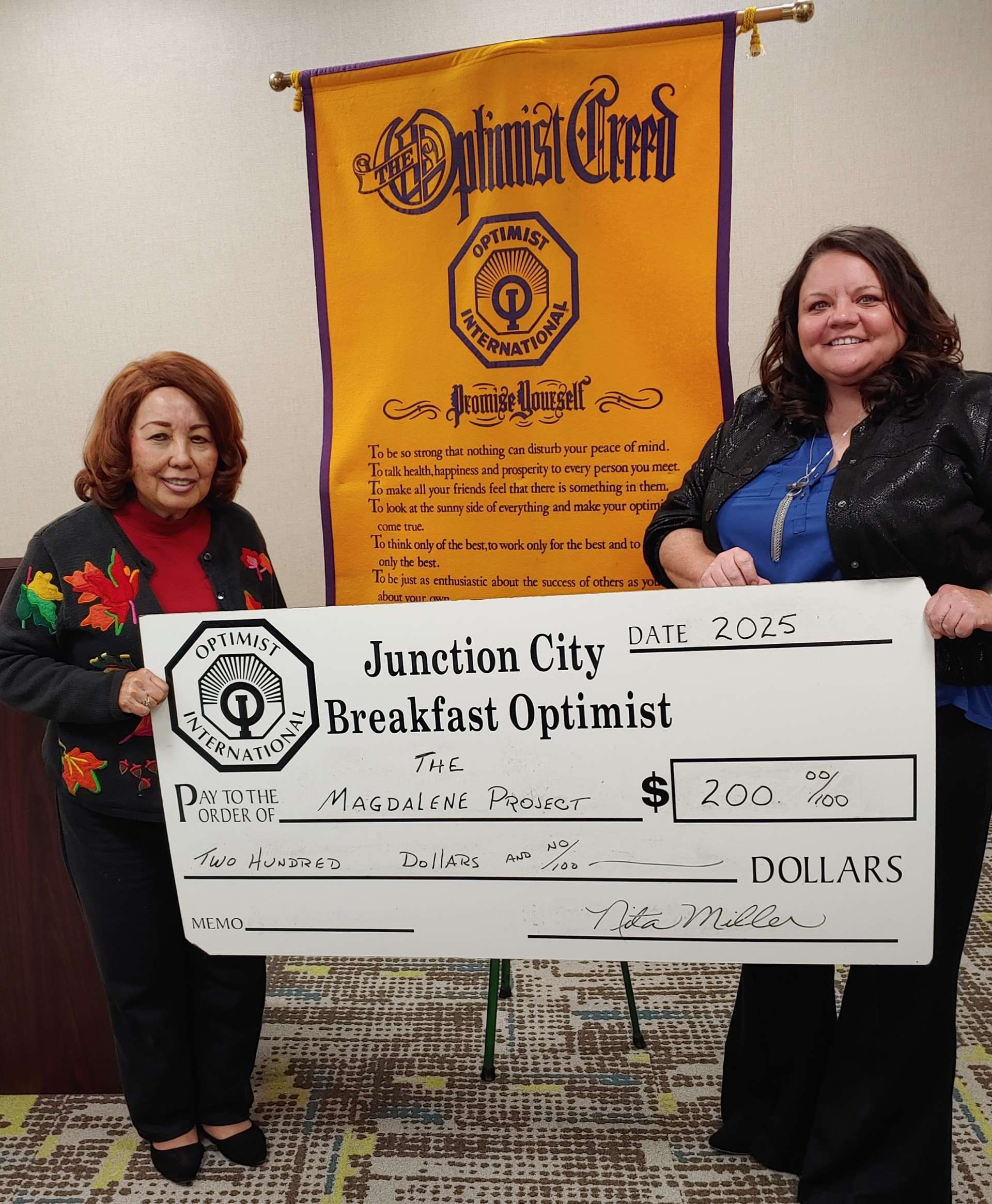 Pictured left to right: Nita Miller, JC Breakfast Optimist Club President and Jodi Mason, Director of The Magdalene Project&nbsp;