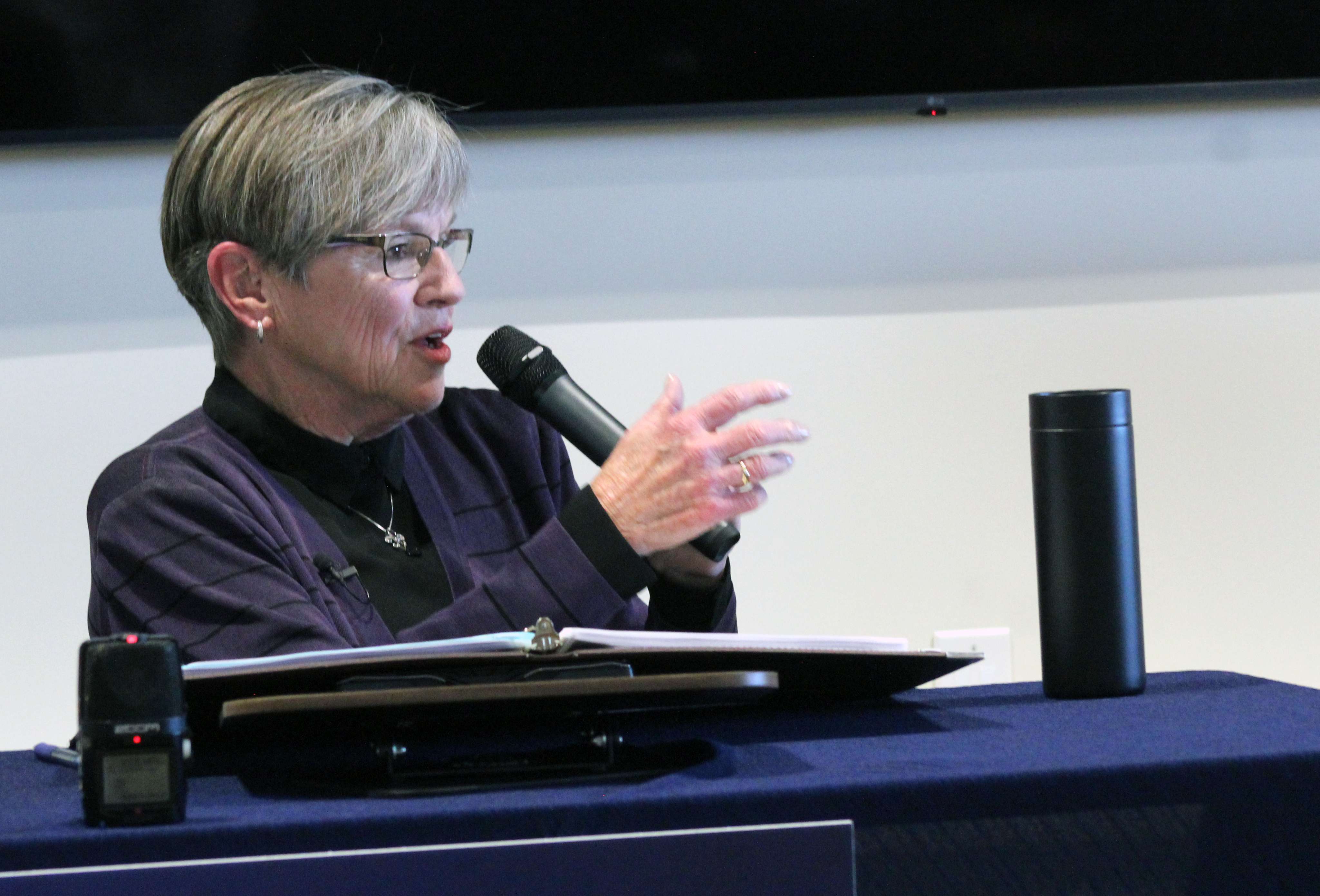 Gov. Laura Kelly discusses her desire to maintain a balanced budget at a People's Budget Listening Tour stop on Wednesday in Hays. Photo by Cristina Janney/Hays Post