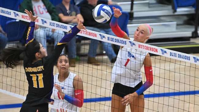 Kierny Follmer smacks one of her eight kills on Wednesday night in the Blue Dragon Volleyball team's 3-1 KJCCC loss to Dodge City at the Sports Arena (Andrew Carpenter/Digital Fox Photogrpahy)