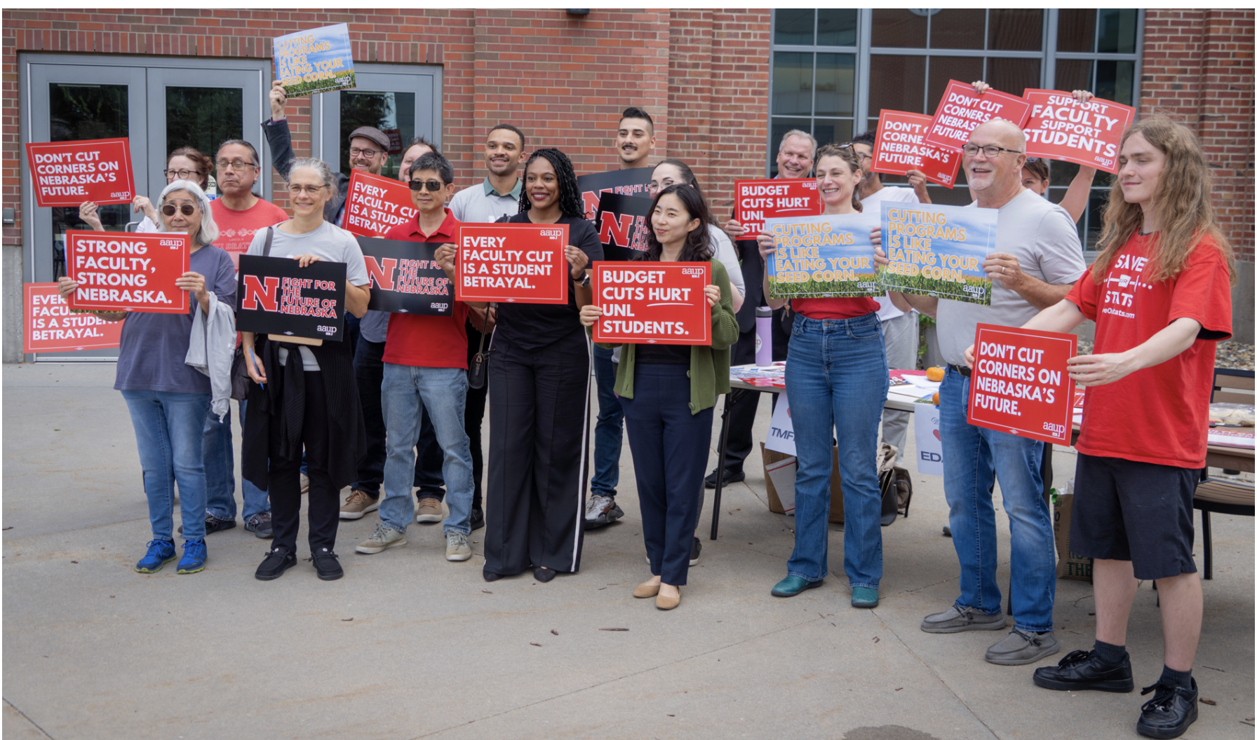 Faculty protest plans at the University of Nebraska-Lincoln to trim $27.5 million from the campus budget, which includes the proposed elimination of six academic programs. Oct. 9, 2025. (Photo by Zach Wendling/Nebraska Examiner)