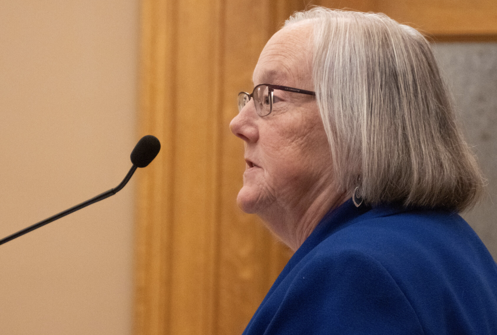 Kansas Department for Children and Families secretary Laura Howard, speaking here at a June 10, 2025, hearing before the Senate Committee on Government Efficiency, is in charge of overseeing the state’s five foster care contractors, which are subject to the terms of a federal settlement. (Photo by Anna Kaminski/Kansas Reflector)