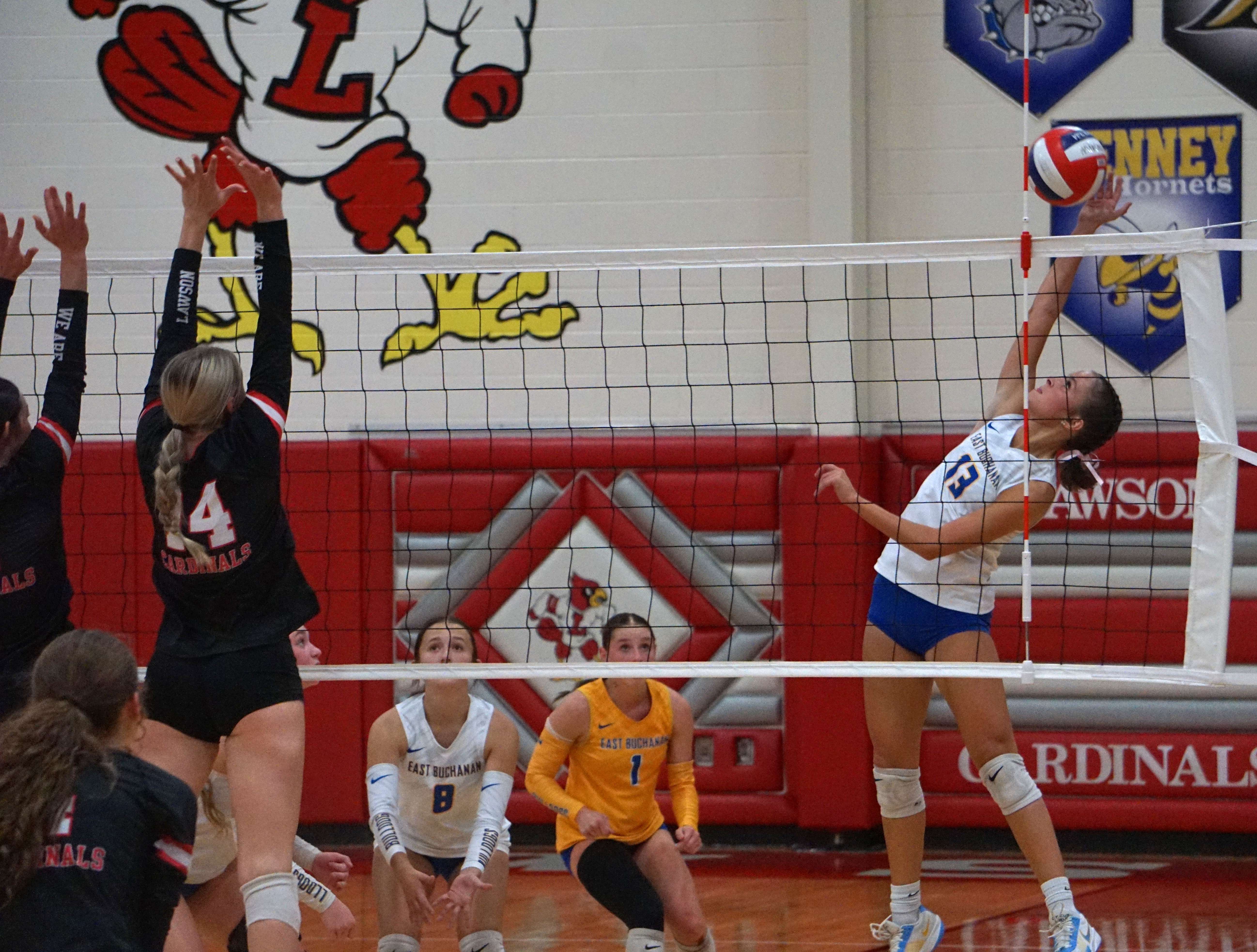 Layla Watkins (13) goes to put the ball over the net/ Photo by Matt Pike