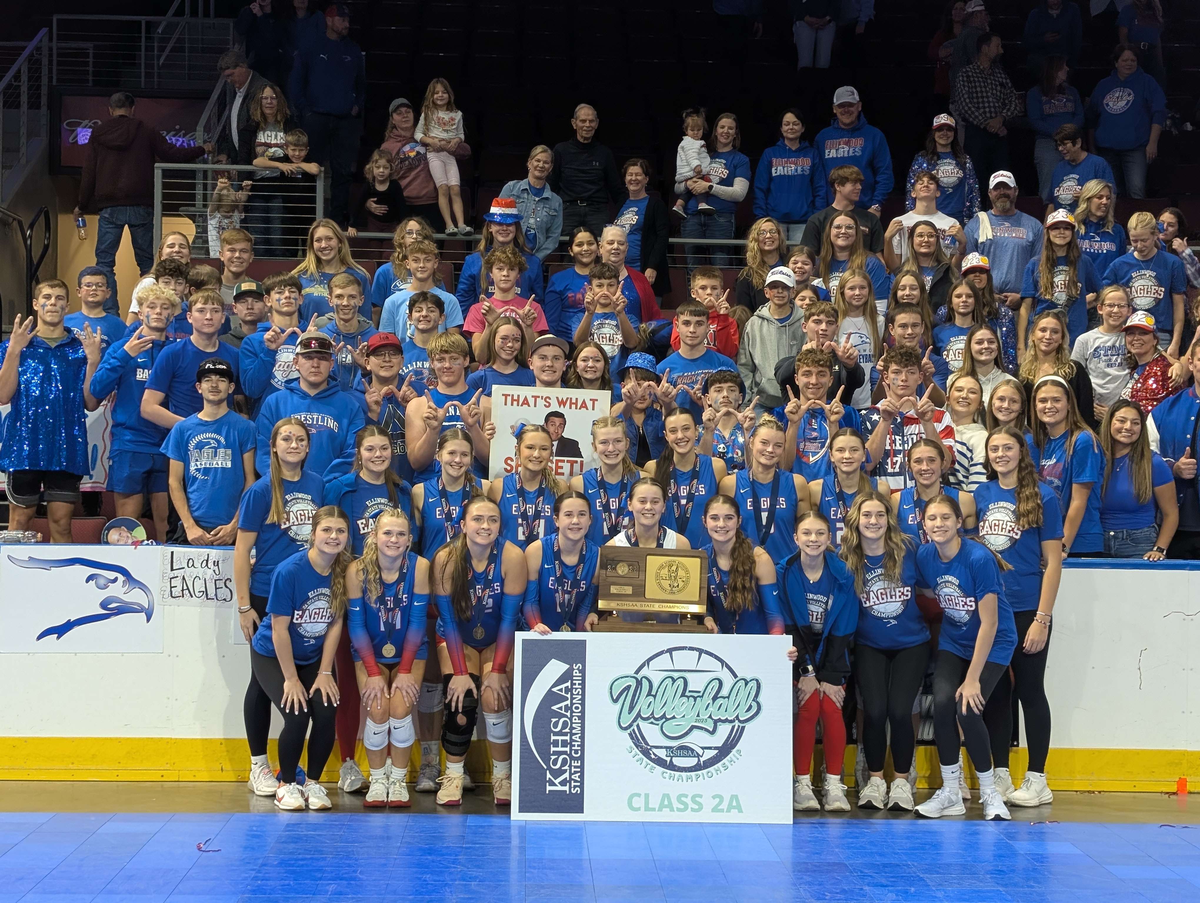 The Ellinwood volleyball team celebrates its Class 2A state championship and perfect 47-0 season with students Saturday in Dodge City. (photos by Mike Courson)