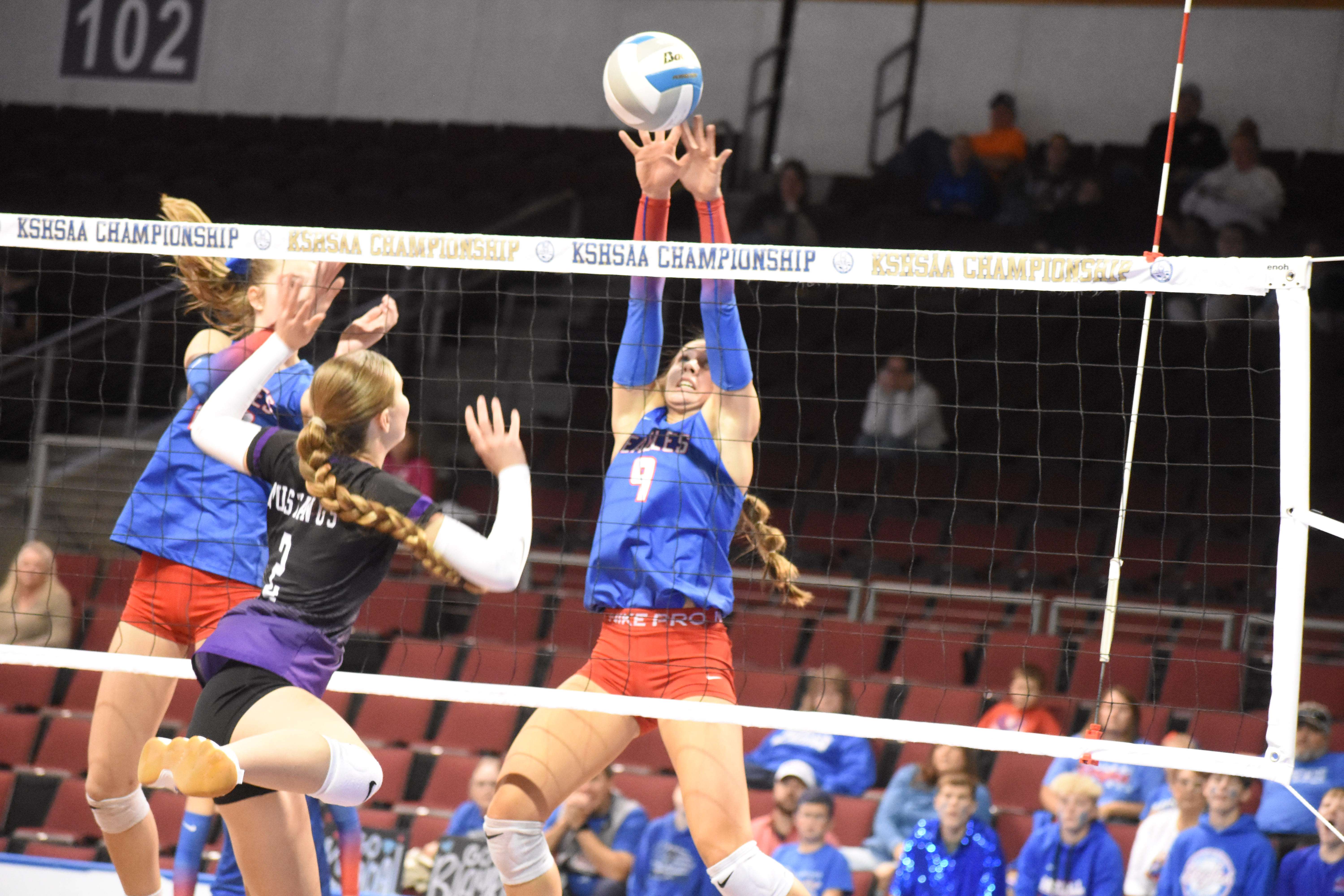 Ellinwood junior Alyvia Batchup comes up with a key block in the state championship match.