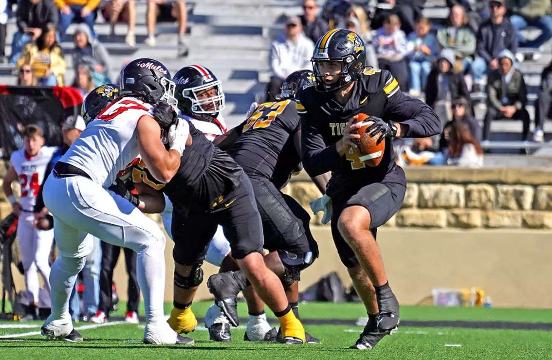 Fort Hays State quarterback Caleb Heavner (4) scrambles against Central Missouri on Saturday, November 1, 2025 in Hays, Kan, (FHSU Athletics photo/Gillian Lynch)
