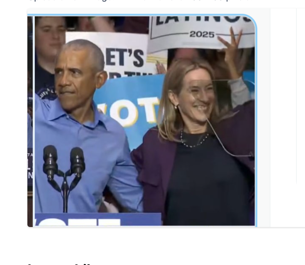Former President Batak Obama and <a href="https://apnews.com/article/new-jersey-election-governor-general-assembly-dfc750b30bc129750437b6ad0b2afbec">Mikie Sherrill</a> campaign on Saturday=image courgesy CSPAN