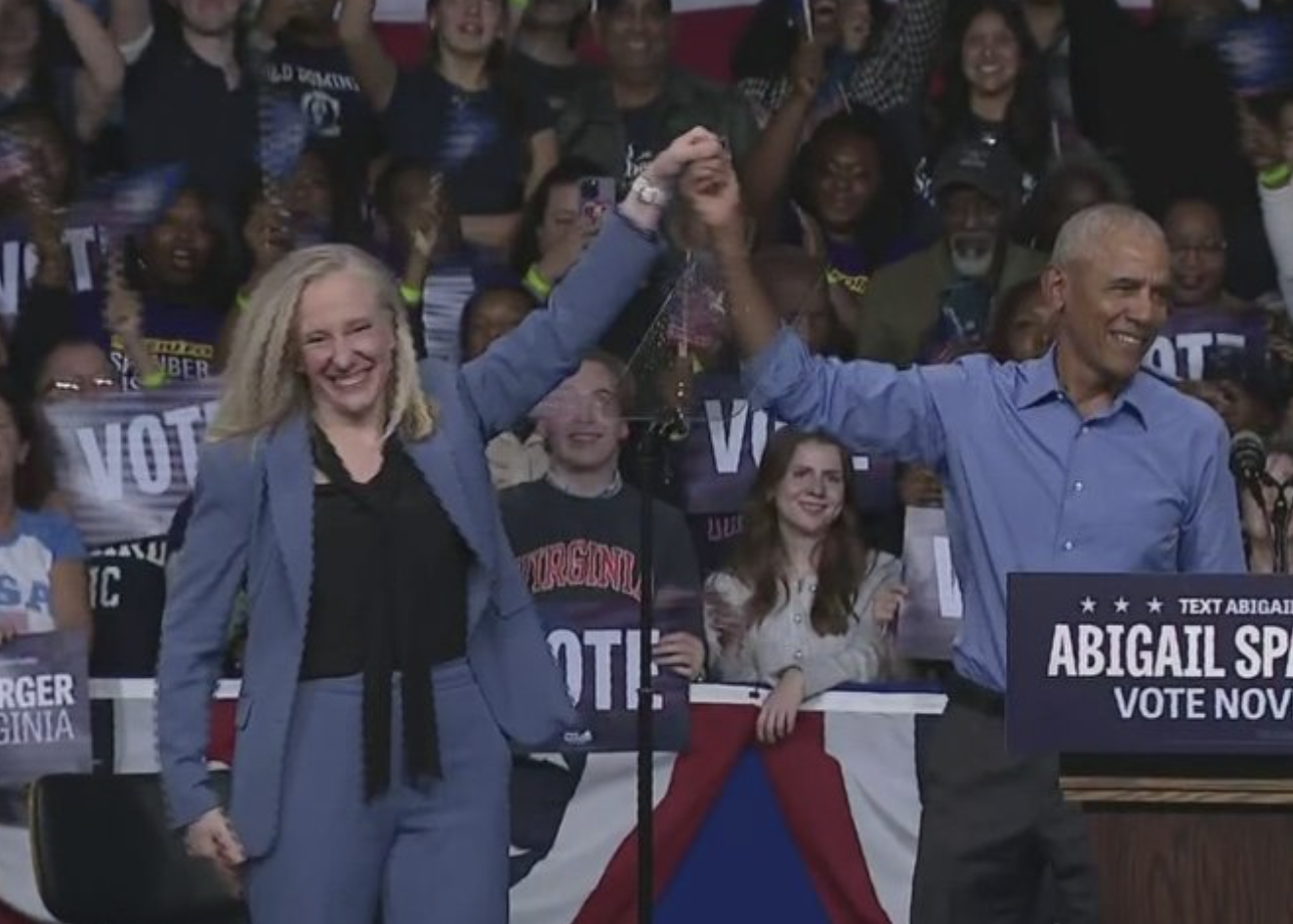 <a href="https://apnews.com/article/democrats-spanberger-sherrill-virginia-new-jersey-trump-5869ac164d05f00f4ca07d7919e3960b">Abigail Spanberger</a> and Former President Barak Obama campaign in Virgina on Saturday -image courtesy CSPAN