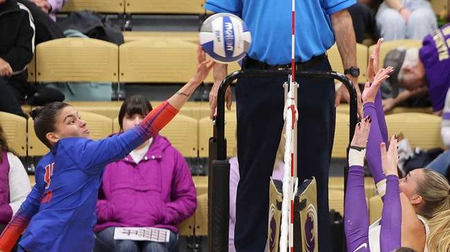 Alondra Villanueva tools the block for one of her team-high 16 kills in a five-set loss to the Butler Grizzlies on Saturday at the Power Plant. (Photo courtesy Ed Bailey)