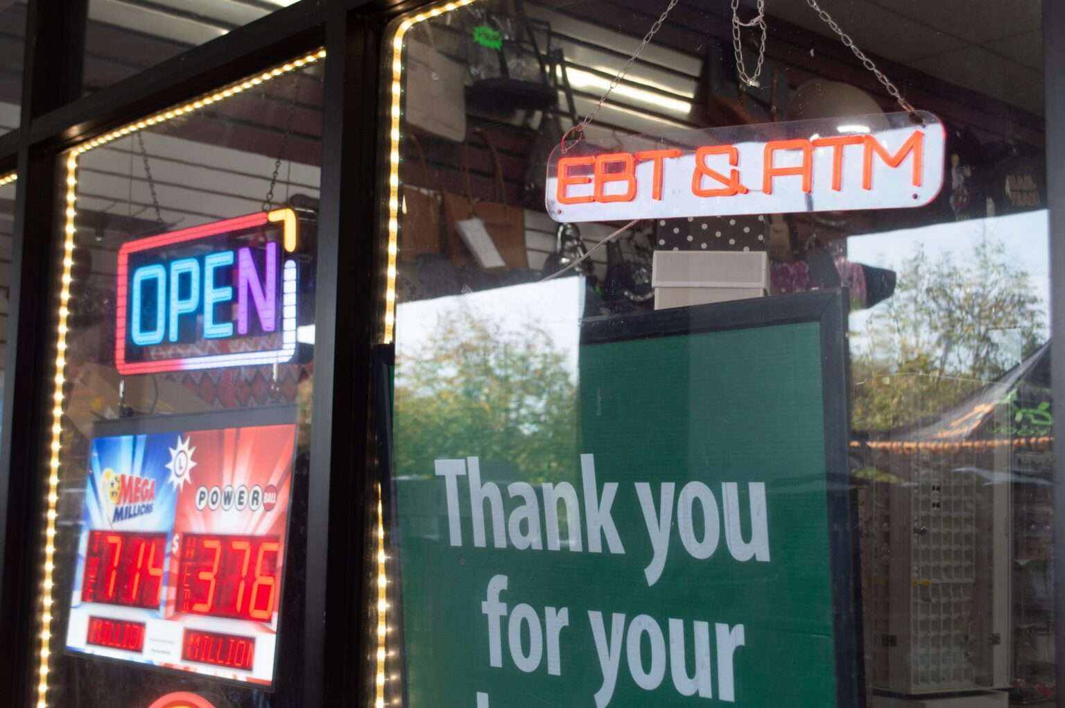 A sign in a convenience store along Barlowe Road in Hyattsville, Maryland, on Tuesday, Oct. 28, 2025, advertises that it accepts SNAP benefilts..jpg