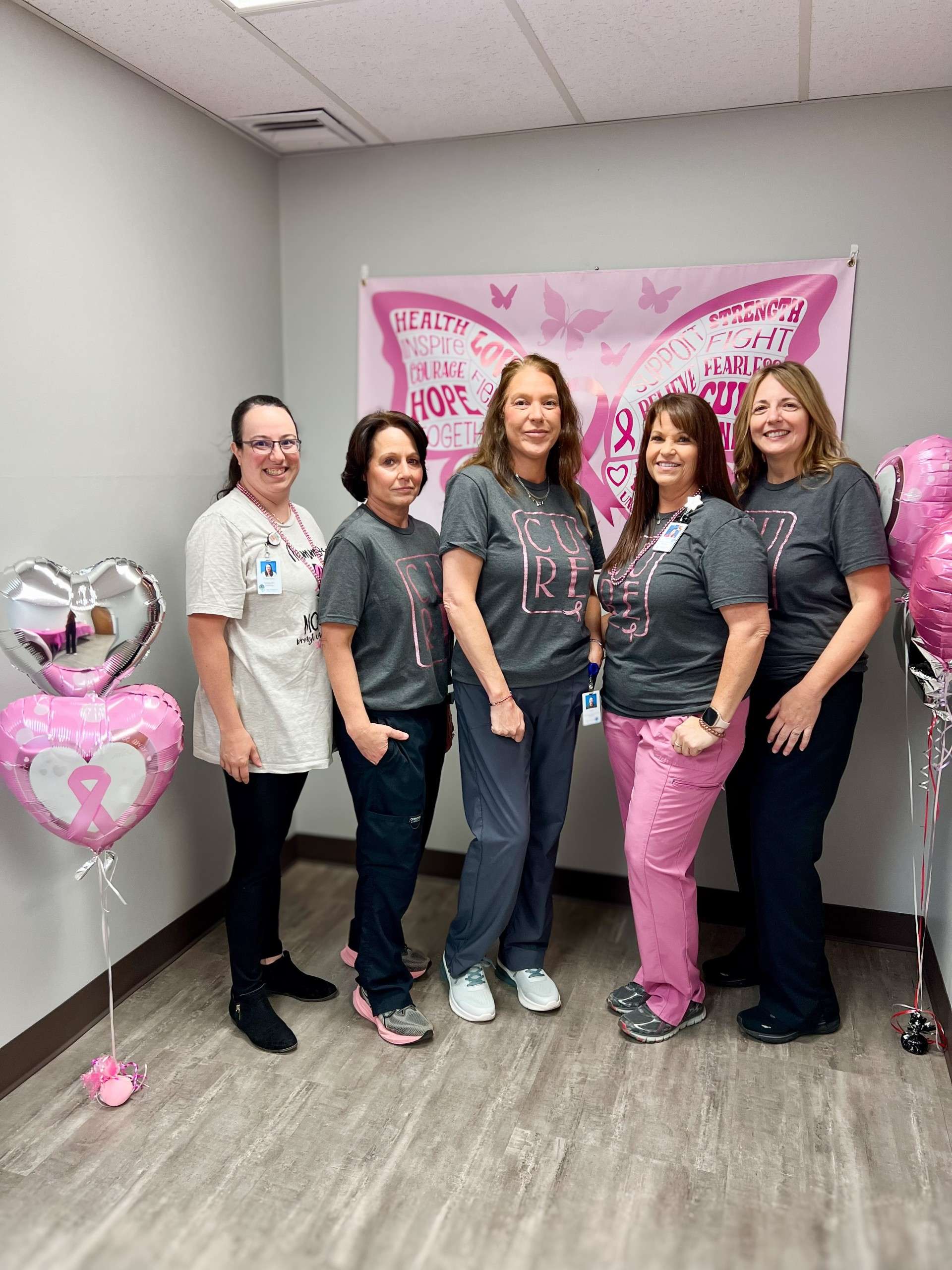 <b>From left to right</b>: Courtney Long- Radiology Office Coordinator, Teryl Snodgrass- Mammographer, Lissa Pitts- Lead Mammographer, Tammy Field- Director of Radiology, Cindy Butterfield- Mammographer. Courtesy of McPherson Center for Health