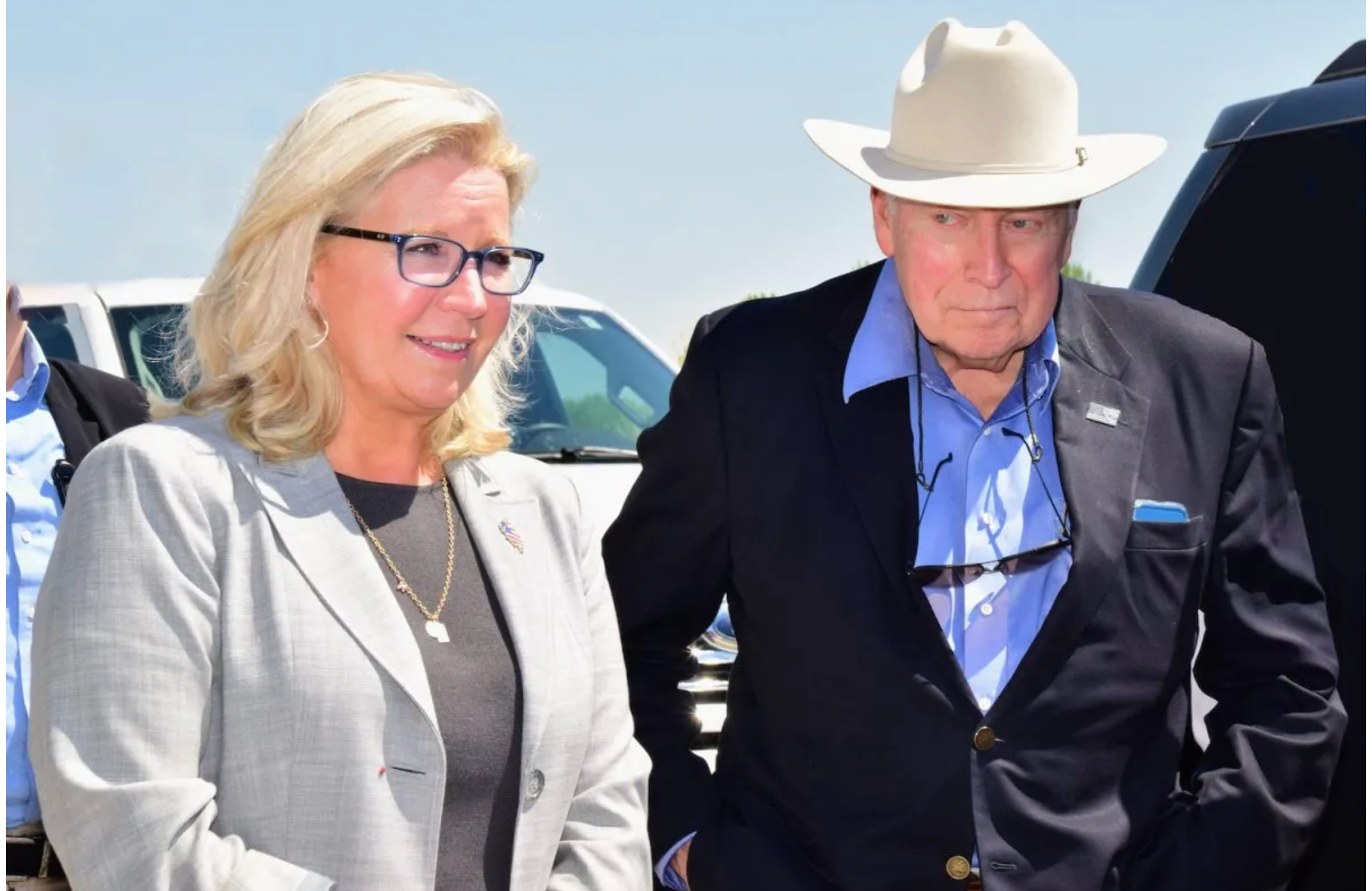 then-U.S. Rep. Liz Cheney and her father, former Vice President Dick Cheney, in Cody July 30, 2022. photo by Dewey Vanderhoff