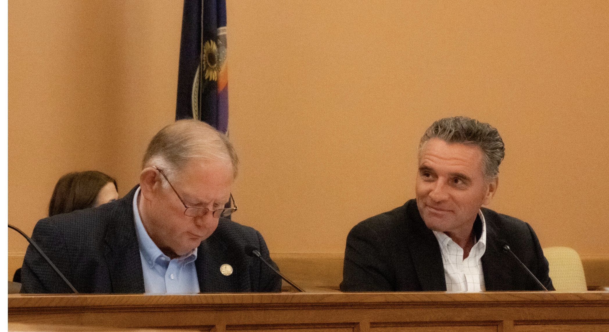 House Speaker Dan Hawkins and Senate President Ty Masterson, both Republicans, appear at a Legislative Coordinating Council meeting on Nov. 4, 2025, at the Kansas Statehouse in Topeka. It was their first public appearance since Hawkins announced the night prior he didn’t secure enough signatures from his caucus to force a rare special session (Photo by Anna Kaminski/Kansas Reflector)
