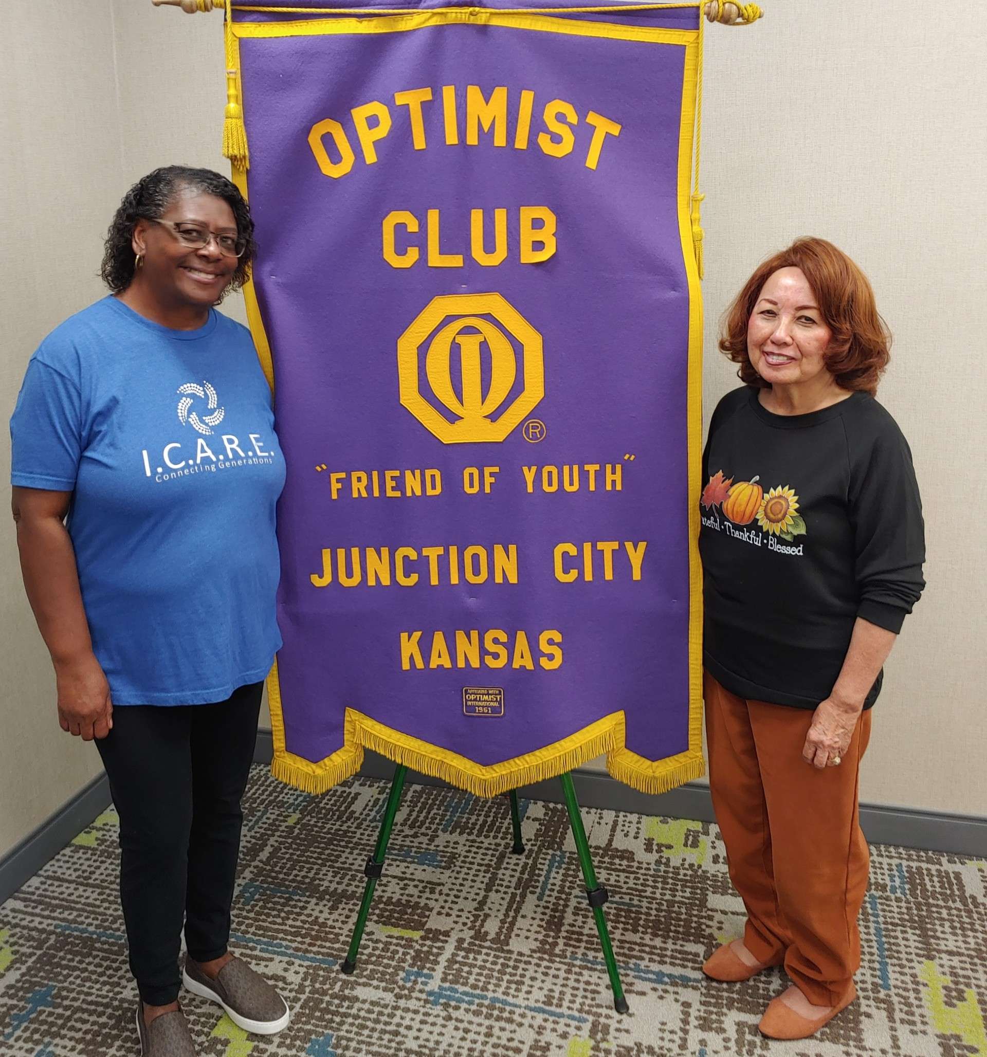 Pictured left to right are Vickie Bobbitt, I.C.A.R.E. Executive Director and Nita Miller, JC Breakfast Optimist Club President. 