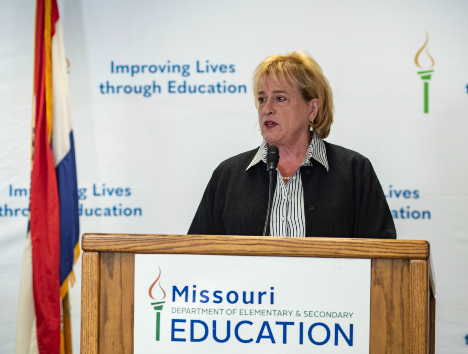 Missouri Education Commissioner Karla Eslinger speaks to reporters Thursday about the 2025 annual performance report scores in a press conference in the Department of Elementary and Secondary Education offices in Jefferson City. She pointed to an increase in scores statewide but acknowledged there is more improvement to be had (Annelise Hanshaw/Missouri Independent).