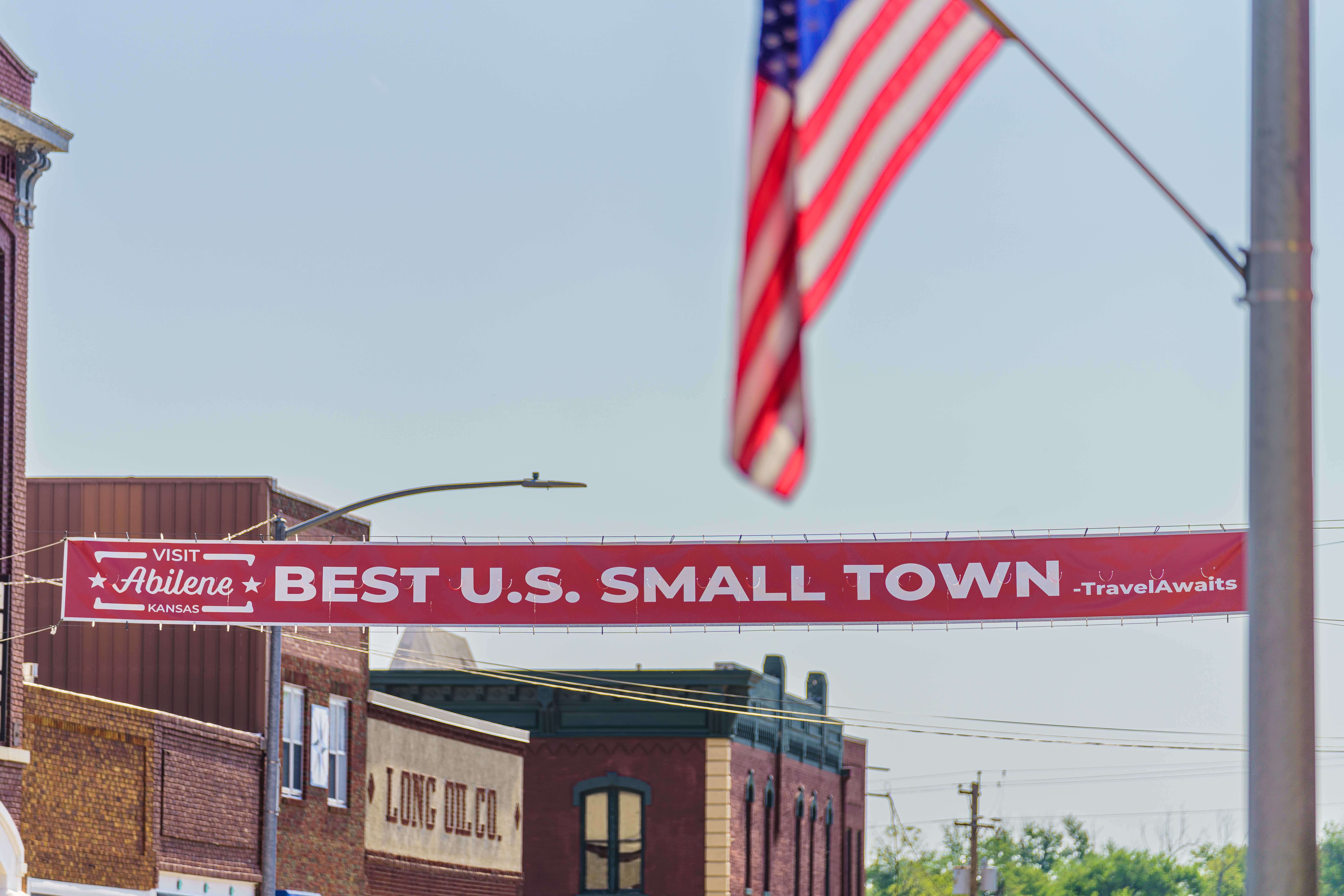 "Visit Abilene Kansas Best U.S. Small Town" banner. Courtesy of Abilene Convention & Visitors Bureau