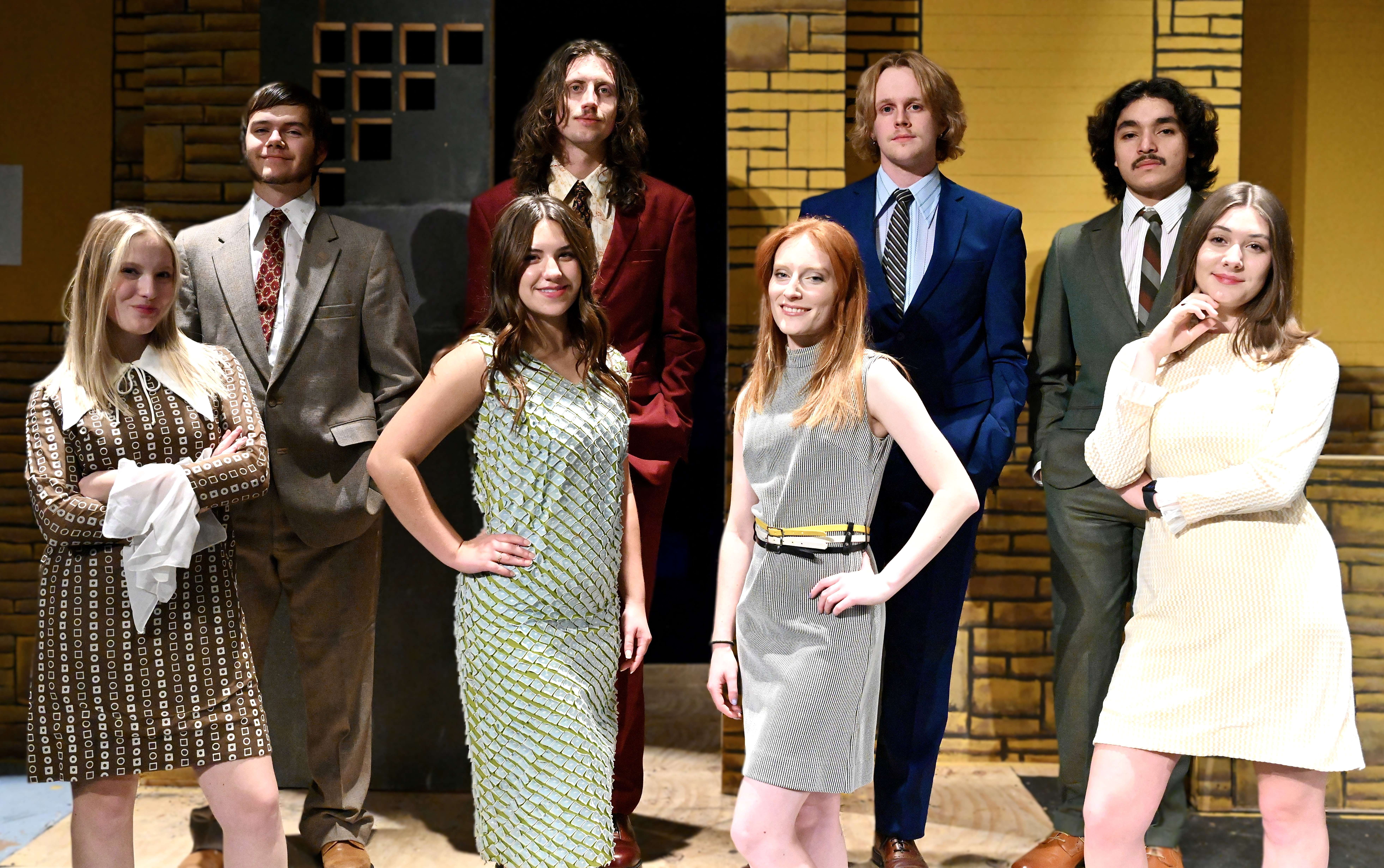 The cast of Love's Labour's Lost includes Jordan Aschenbrenner, Sam Schroeder, Victoria Villines, Caleb Johnson, Lillyan Kimberlin, Karter Smith, Allie Straub and Alan Torres. Photo by Fort Hays State University