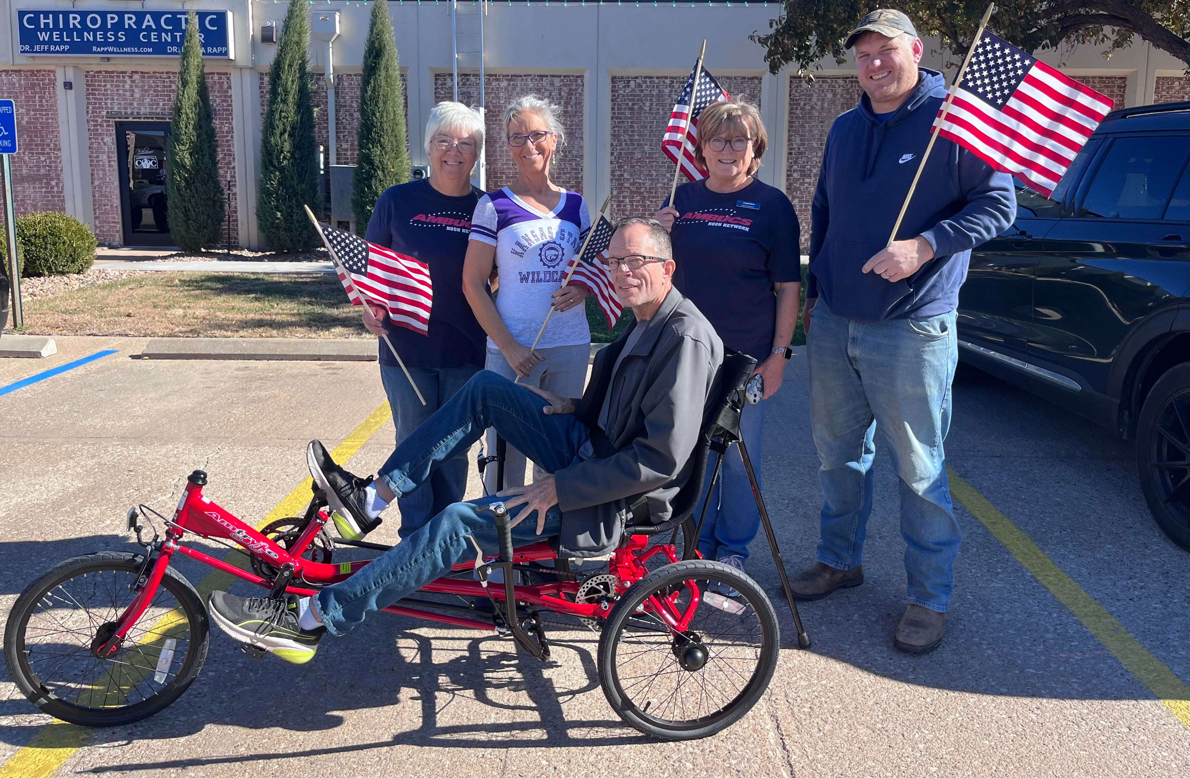 Salina Noon AMBUCS with Army Veteran, Daryle Kirk as he receives his new JT 2300 Amtryke model. Photo by Nicolas Fierro