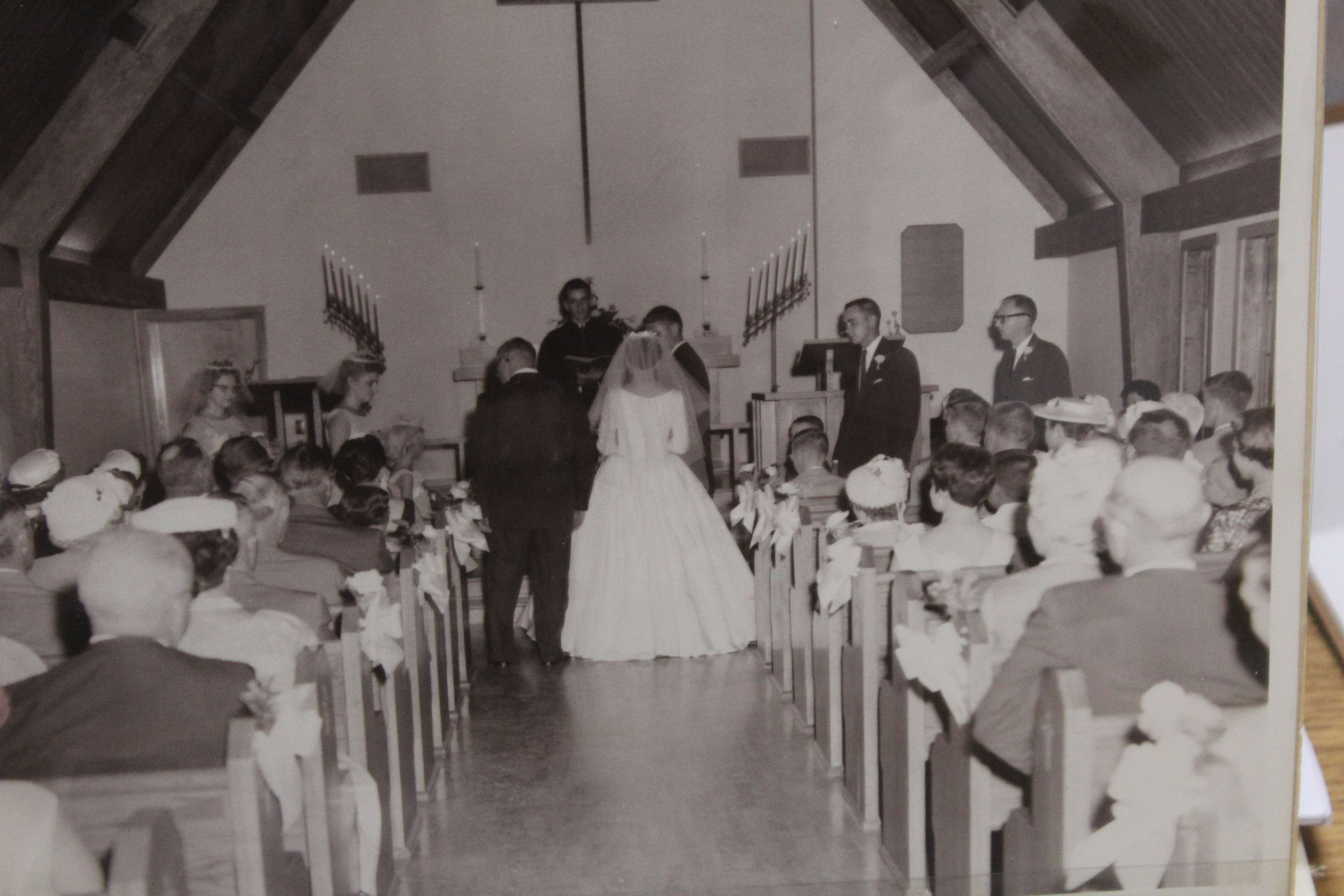 The wedding ceremony for Jerry Kaempfe and Viola Vincent Kaempfe on Aug. 30, 1959. They were the parents of Tina (Kaempfe) Anguish, a current member of the church. Courtesy photo