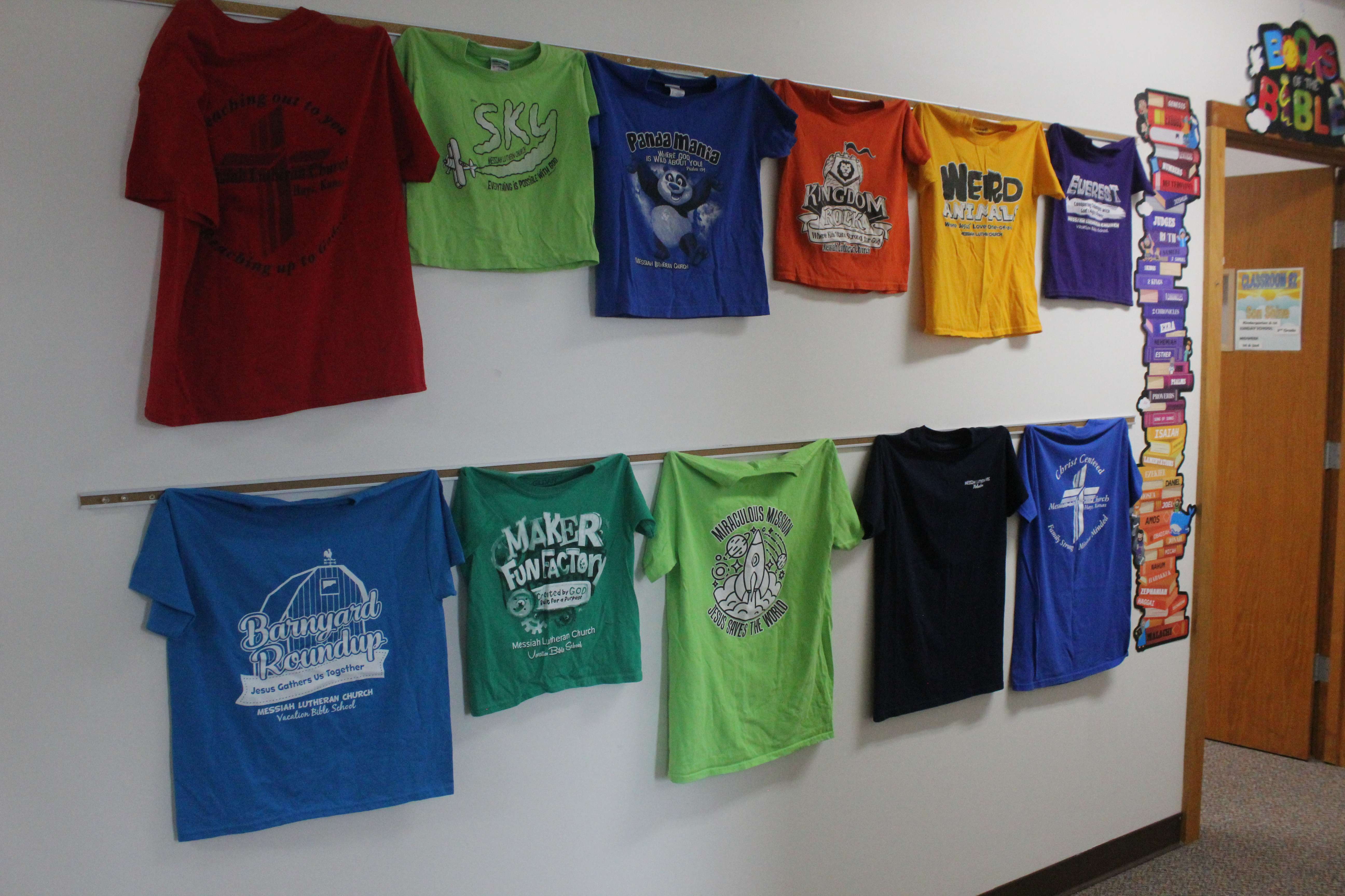 Old vacation Bible school T-shirts were part of the history display for the church's 75th anniversary. Photo by Cristina Janney/Hays Post