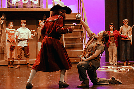 Captain James Hook (senior Bryler Russell) battles Peter Pan (junior Riley Flax) in the climactic sword duel in the second act of the production.&nbsp;Courtesy photo
